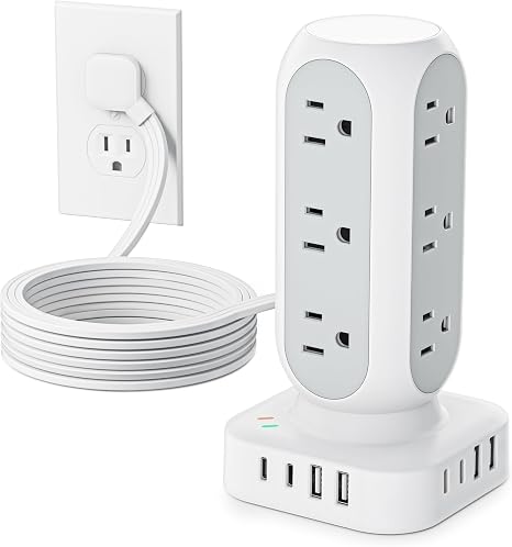 Power Strip Tower 12 Outlets 8 USB Ports 4 USB C 5FT Flat Plug Charging Station Black