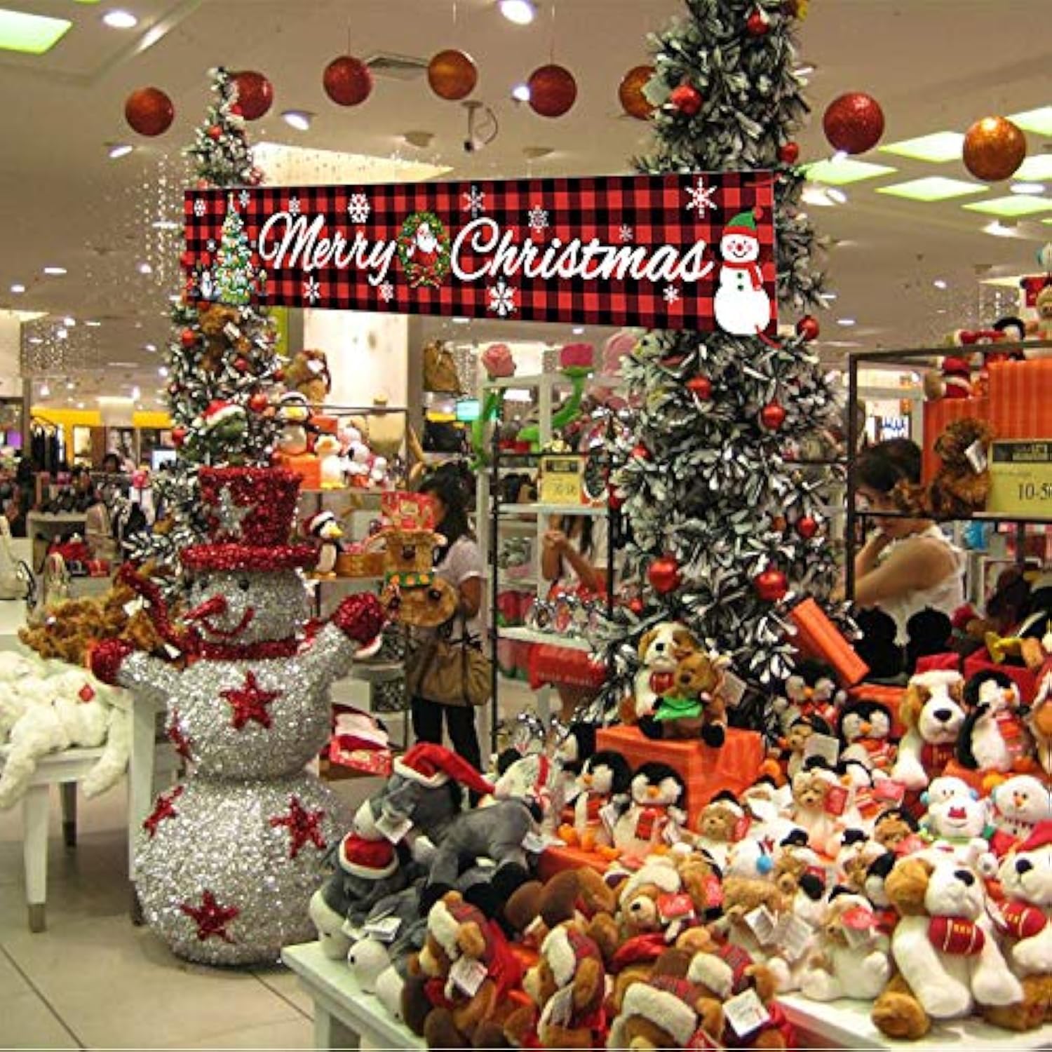 Large Merry Christmas Banner, Red Buffalo Plaid Xmas Sign With Snowman Xmas Tree Pattern For Christmas Party, Outdoor Indoor Decoration, 9.8 X 1.6 Feet (Buffalo Plaid)