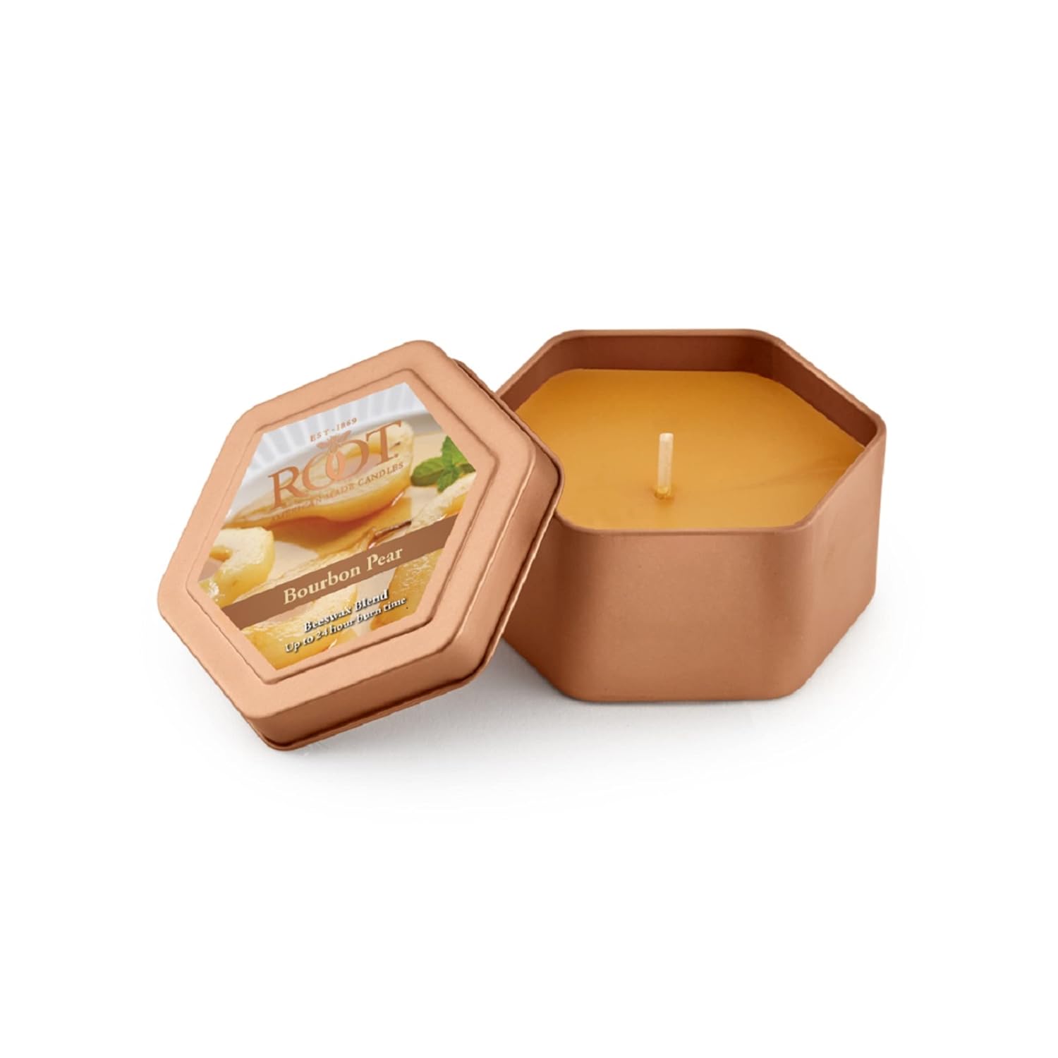 Root Candles Fall Scented Candles in Travel Tin 24-Hour Honeycomb Traveler Handcrafted Beeswax Blend Candle, 4-Ounce, Bourbon Pear