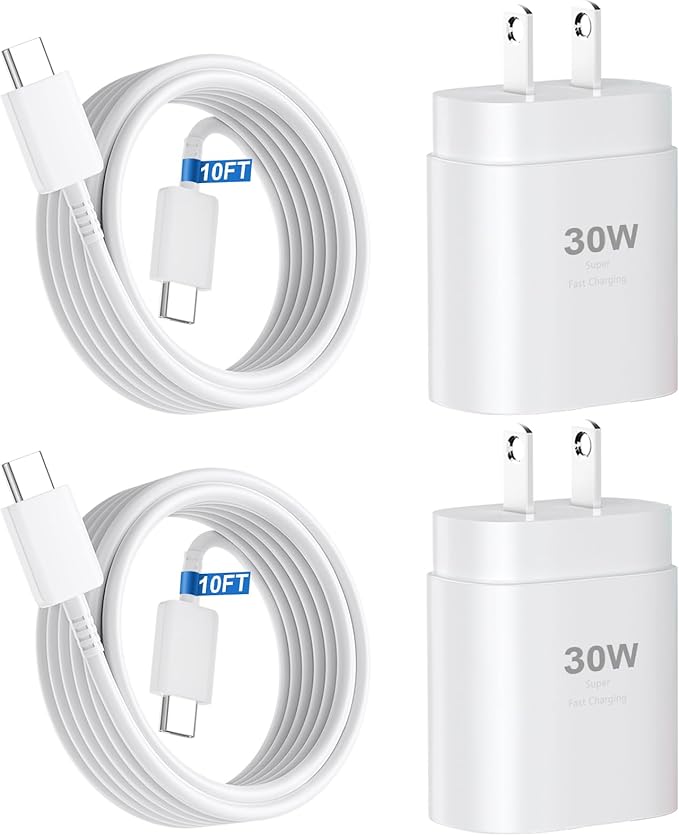 30W USB C Fast Wall Charger with 10FT USB C to USB C Cable for iPhone 17 16 15 iPad