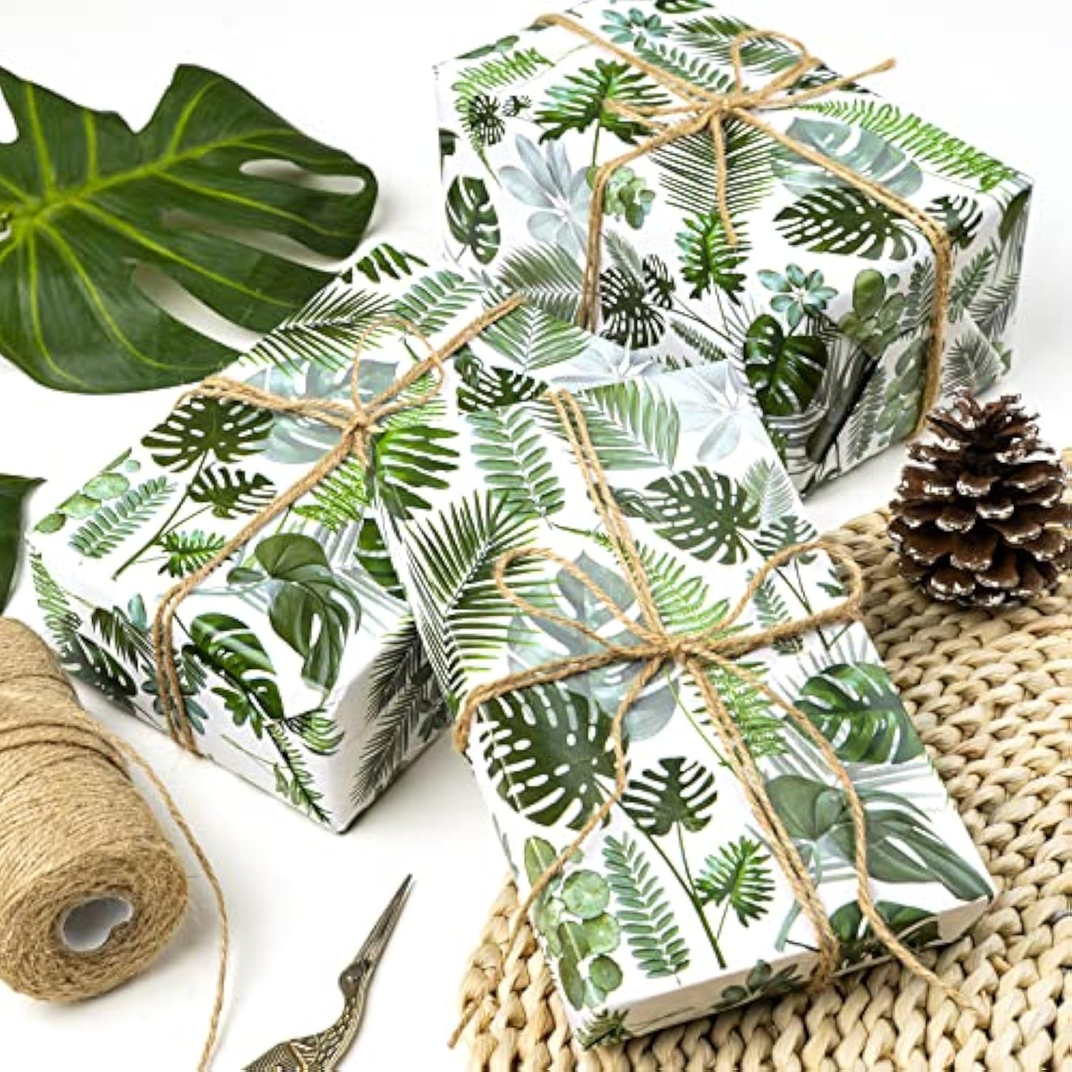 Reversible Tropical Wrapping Paper - Mini Roll - 17 Inch X 33 Feet - Green Monstera Leaf Hawaii Wrapping Paper For Birthday, Wedding, Bridal Shower, Baby Shower