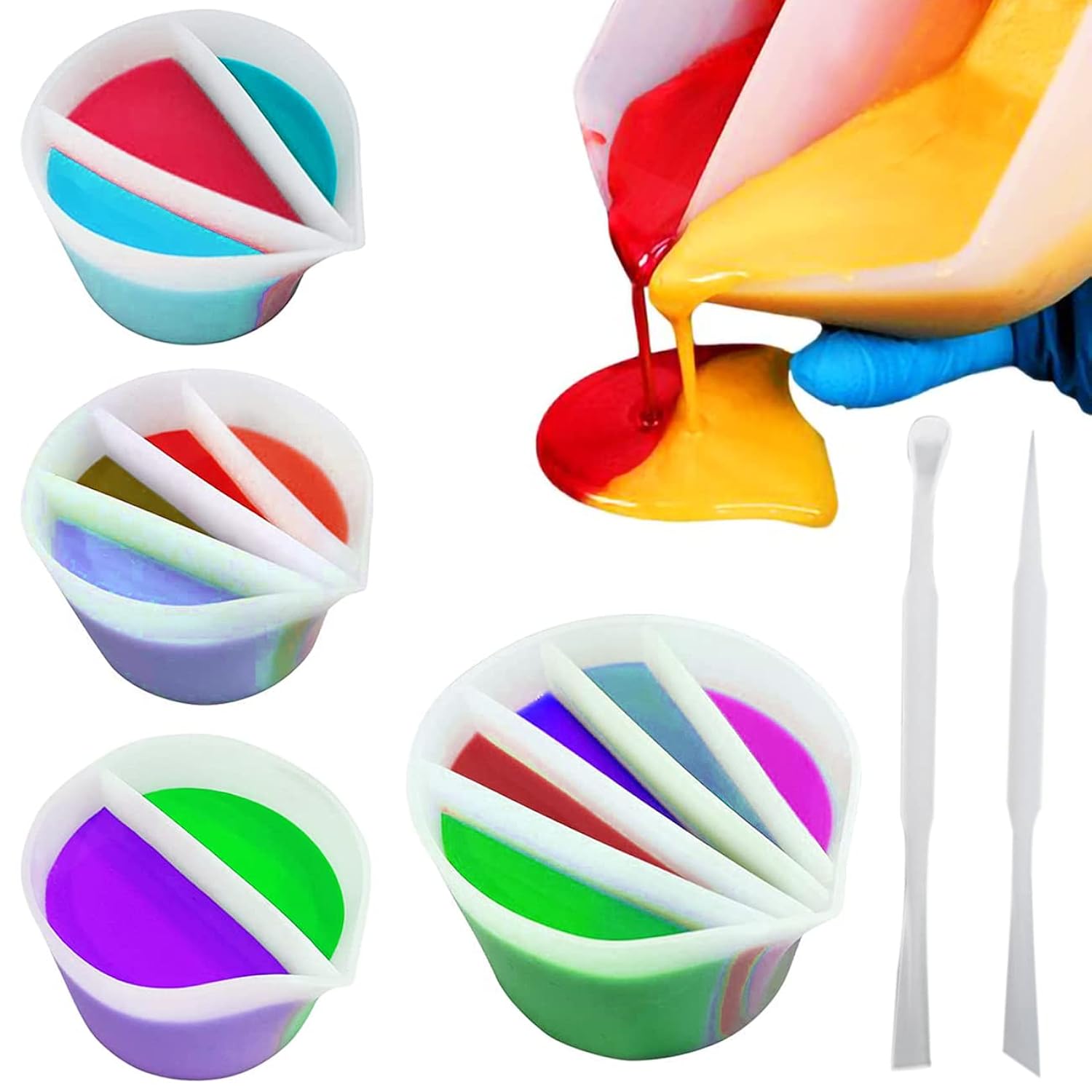 4 Pack Split Cups For Paint Pouring + 2 Pcs Stir Stick, Silicone Paint Pour Cup Resin With 2-5 Channels Dividers Pouring Painting Tools For Diy Making Accessories Fluid Art Drawing (2/3/4/5 Channels)