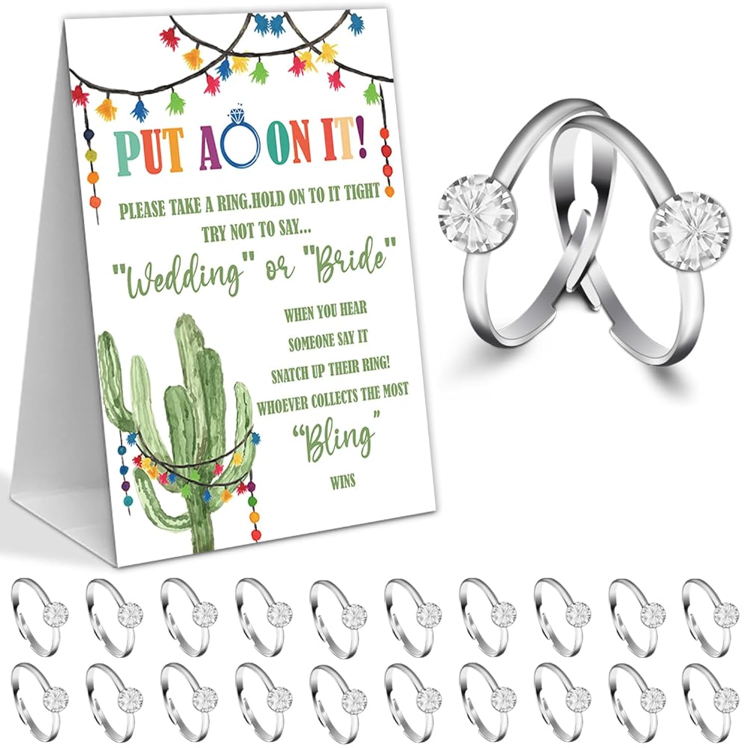 Fiesta Bridal Shower Theme Decorations,Put A Ring On It Game,Don'T Say Bride Games,Bridal Shower Games,Wedding Shower,Engagement Party Games(1 Sign And 50 Plastic Diamond Rings)-6
