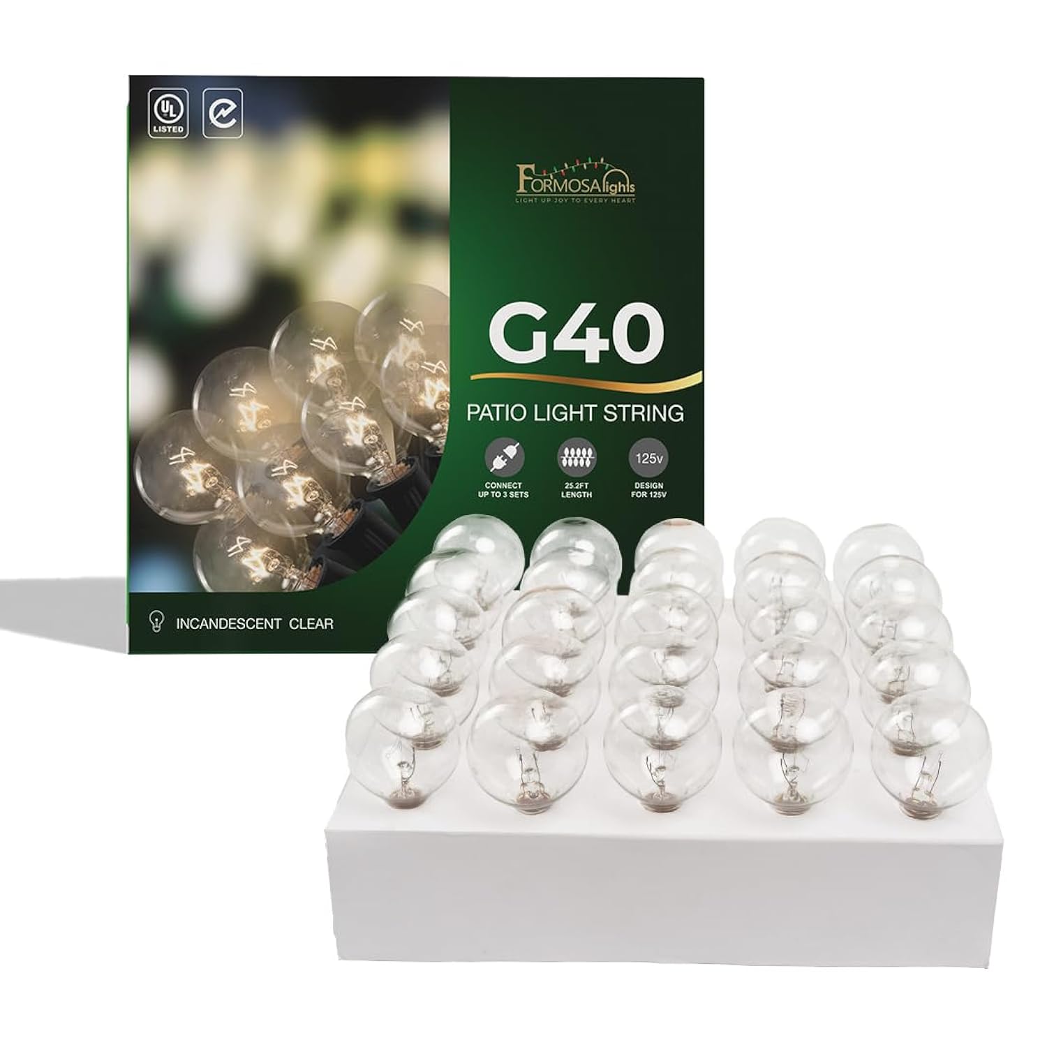 G40 26Ft Indoor/Outdoor Clear Incandescent Christmas String/Patio Light With 25 Bulbs And E12 Base | 120V, 5W