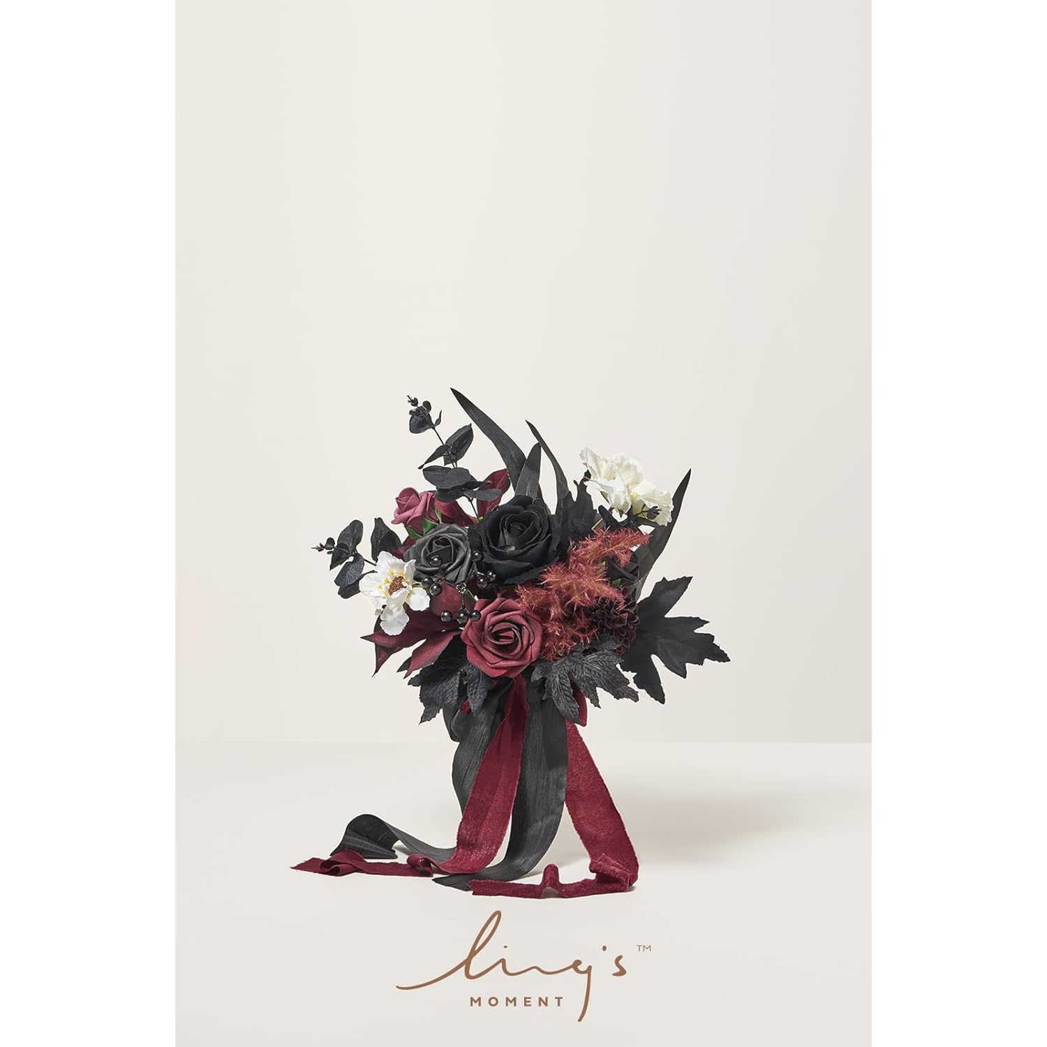 Artificial Bridesmaid Bouquets Set Of 6,Black Wedding Flower Bouquets Burgundy Floral Bouquet Gothic Bridal Bouquets With Ribbon,Ceremony,Anniversary,7-Inch Diameter