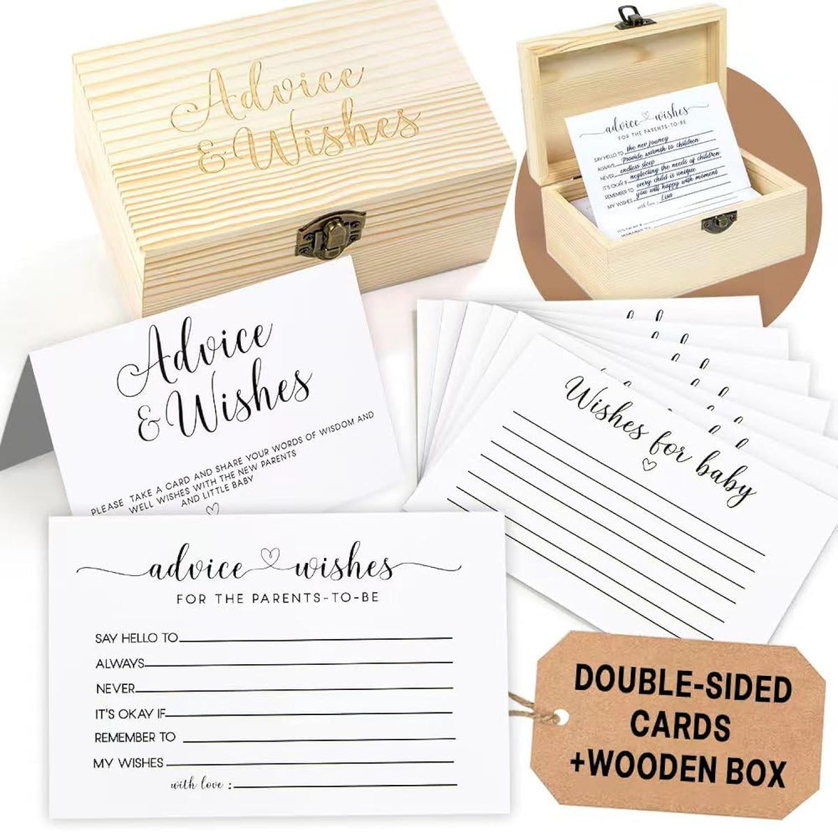 Baby Shower Advice And Wishes Cards For Parents To Be, 50 Pcs Double-Sided Baby Prediction Cards, Gender Reveal Party Keepsake, Baby Shower Decorations And Activities, Includes Wood Keepsake Box