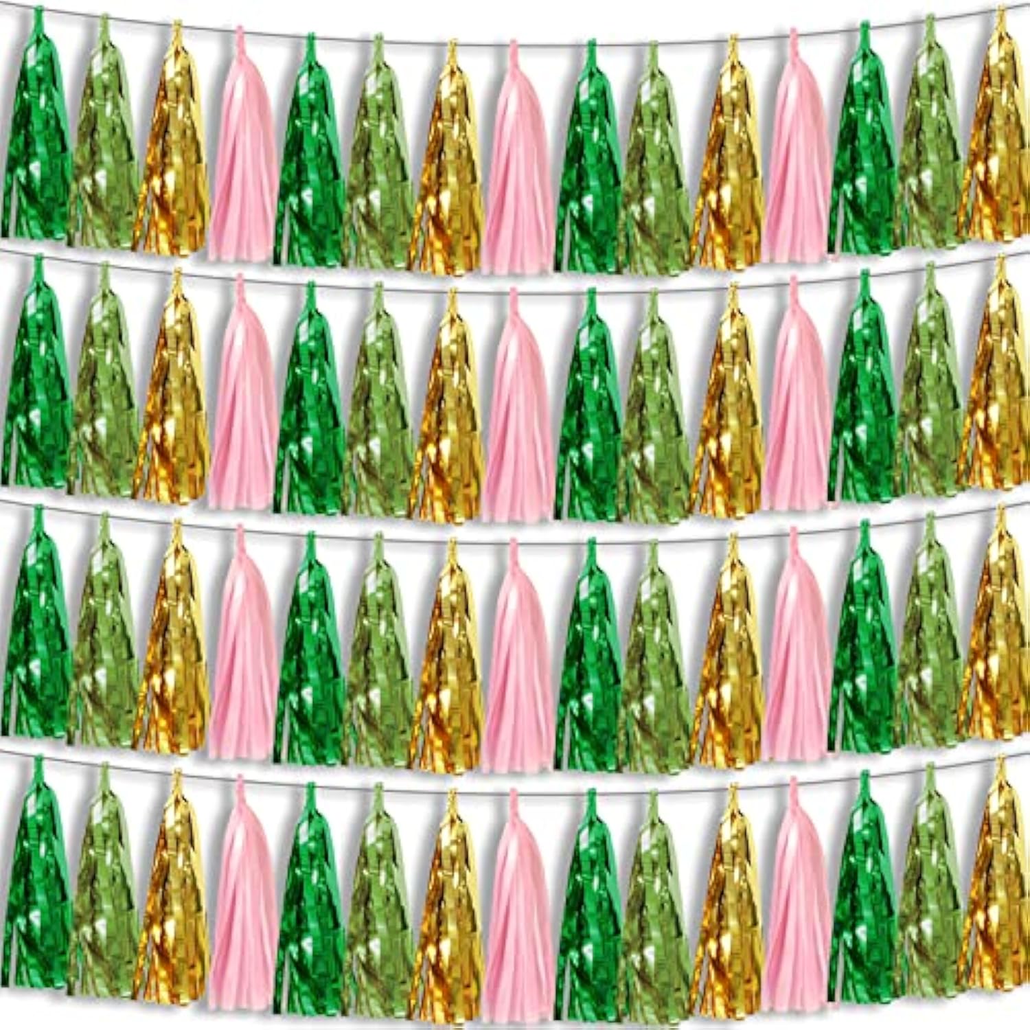 4P Sage-Green Pink-Gold Foil Fringe Metallic Tassel Garland, Tassels Banner Streamers For Parade Floats, Bachelorette, Wedding, Birthday, Halloween, Christmas, Bridal/Baby Shower Party Decorations