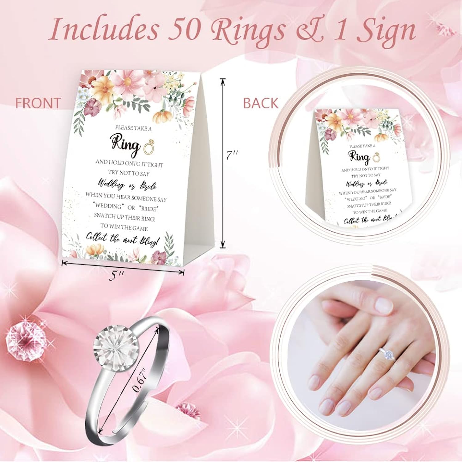 Put A Ring On It,Don'T Say Bride Or Wedding Game,Bridal Shower Games 50 Guests,Pink Floral Boho Bridal Shower Game,Engagement Party,Bachelorette Decorations For Party,Bridal Shower Favors-L11