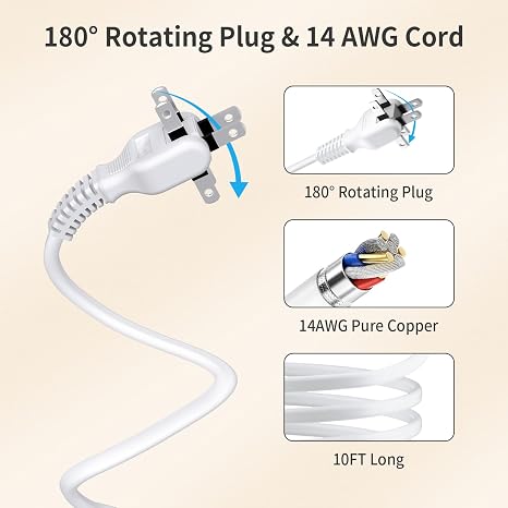 10 Ft 2 Prong Extension Cord Power Strip 4 USB Ports 2 USB C Flat Plug 1875W