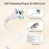 10 Ft 2 Prong Extension Cord Power Strip 4 USB Ports 2 USB C Flat Plug 1875W