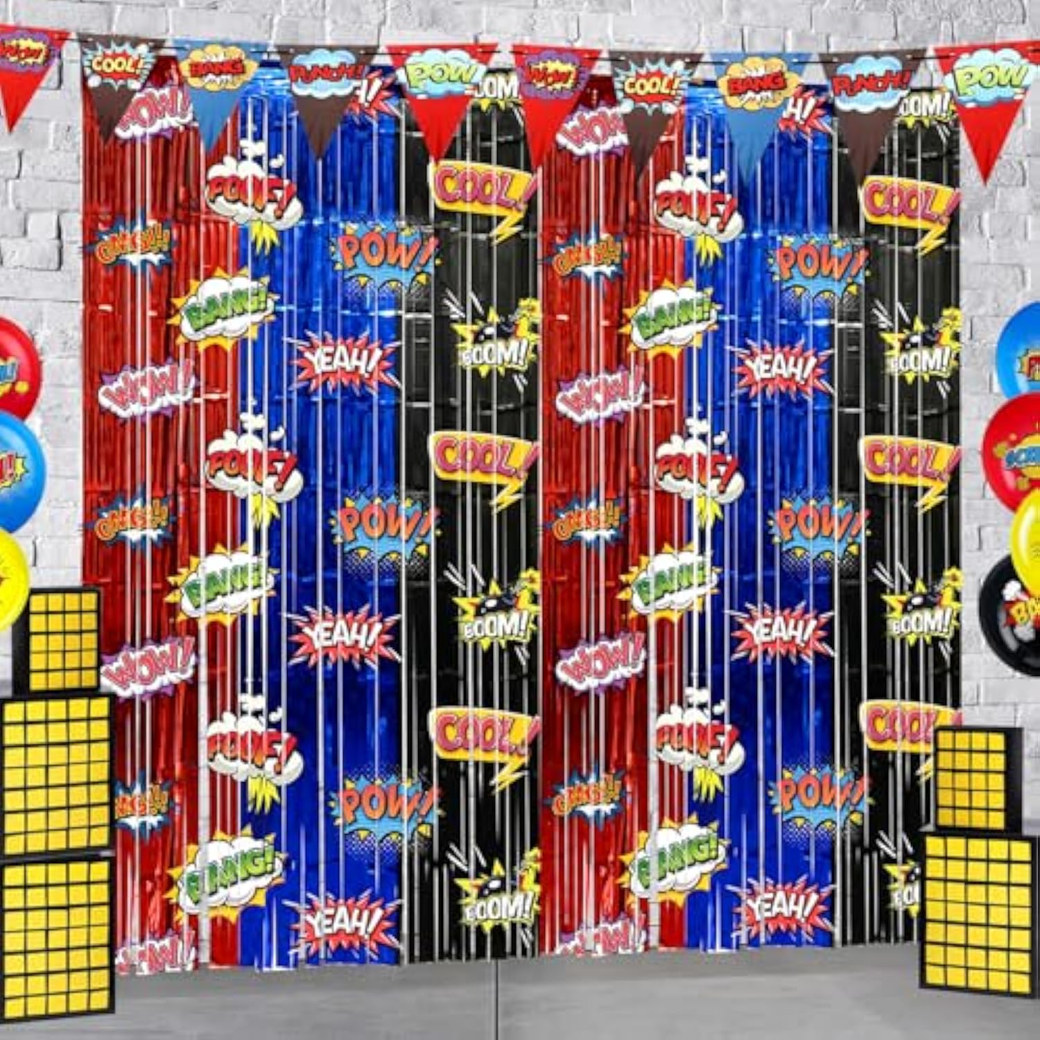 Hero Birthday Party Backdrops Decorations, 2 Pcs Red Blue Black Tinsel Foil Fringe Curtain Streamers Photo Booth Background For Hero Themed Party Decorations Supplies