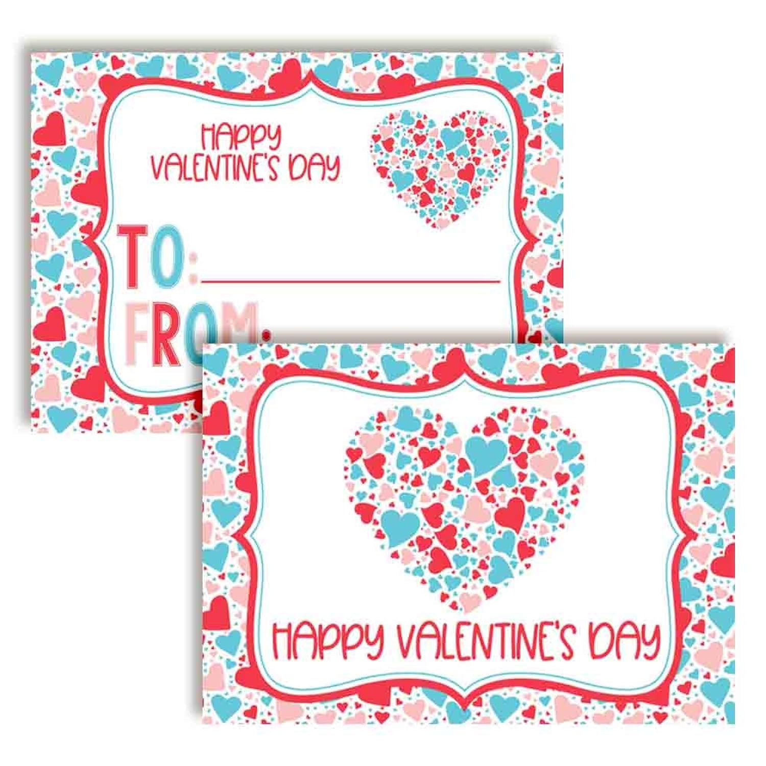 Red Pink & Blue Heart Themed Valentine'S Day Cards For Kids To Give To Friends & Classmates, Thirty (30) 3.5" X 5" Fill In Cards (Without Envelopes) By Amandacreation