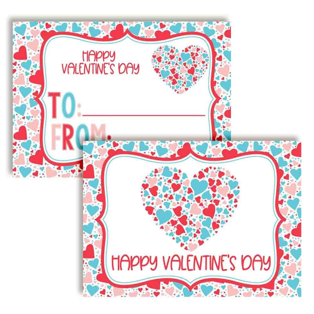 Red Pink & Blue Heart Themed Valentine'S Day Cards For Kids To Give To Friends & Classmates, Thirty (30) 3.5" X 5" Fill In Cards (Without Envelopes) By Amandacreation