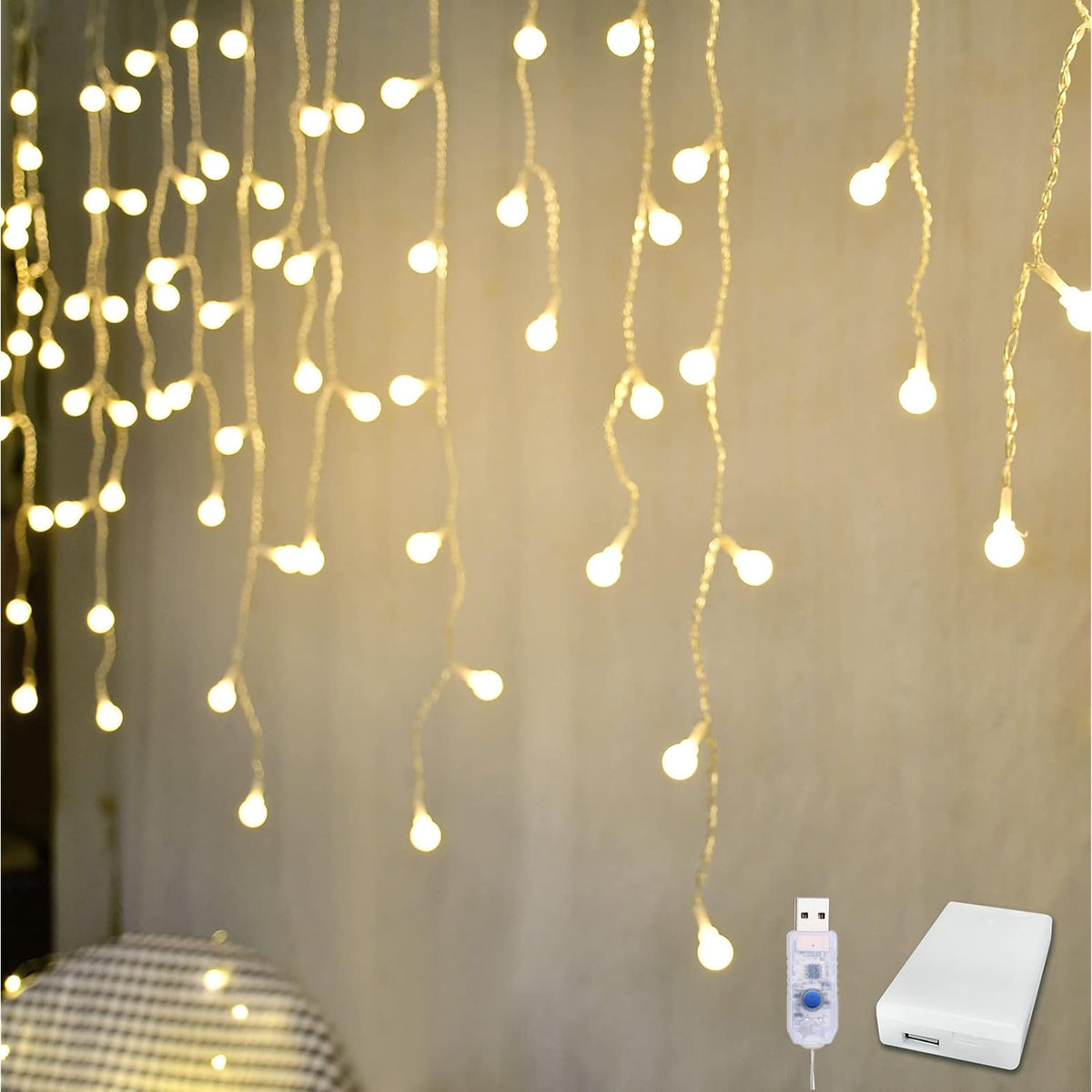 Fairy Curtain Lights, Usb/Battery Powered Ball Icicle Light 13Ft 96 Led Globe String Hanging Lights For Bedroom Dorm Wed
