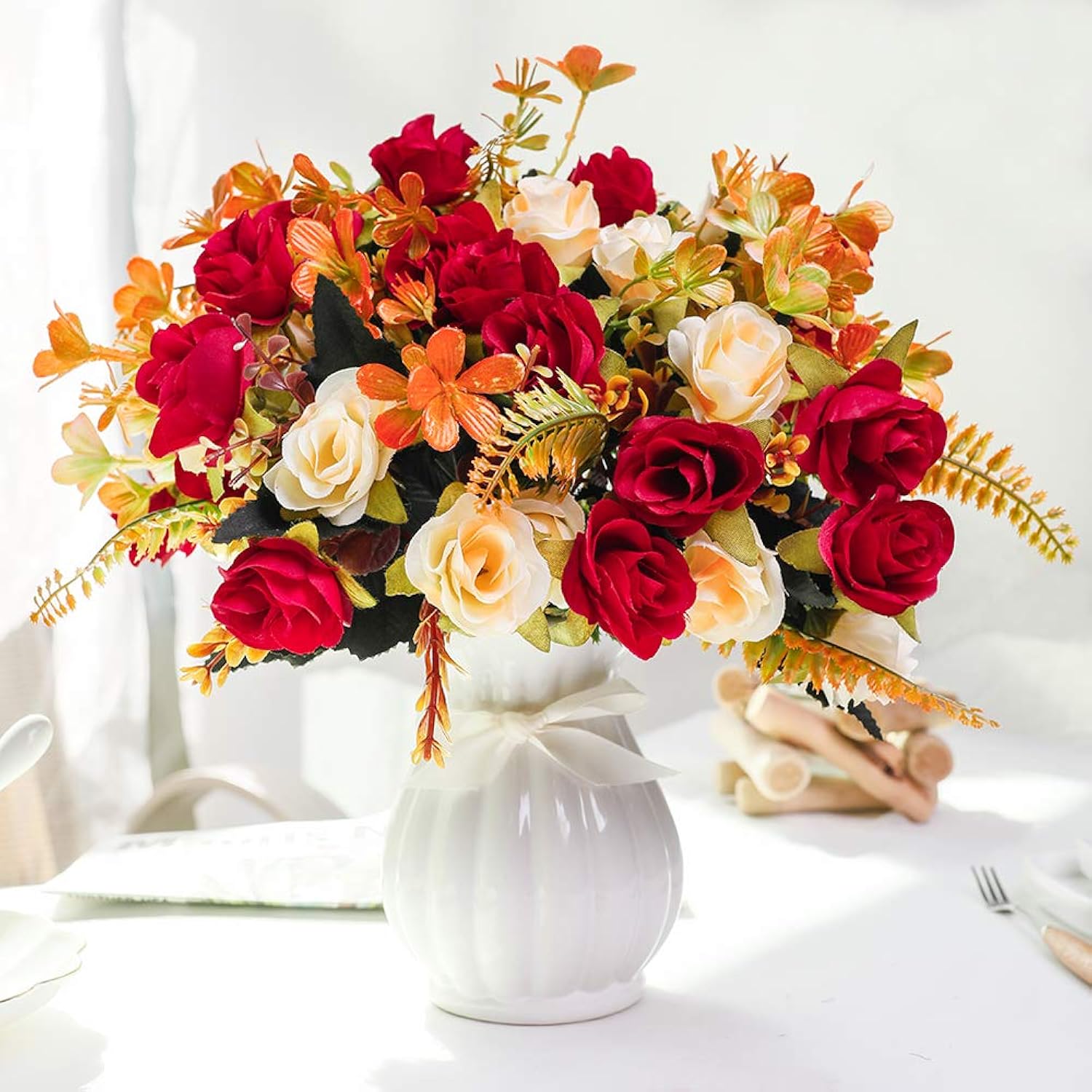 Artificial Fake Flowers With Vase Silk Artificial Roses Wedding Flowers Bouquets Home Office Party Meeting Room Decoration (Red-1)