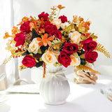 Artificial Fake Flowers With Vase Silk Artificial Roses Wedding Flowers Bouquets Home Office Party Meeting Room Decoration (Red-1)