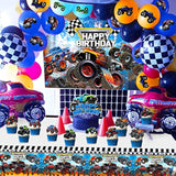 63 Pcs Monster Truck Birthday Supplies with Backdrop, Balloons, Tablecloth & Toppers
