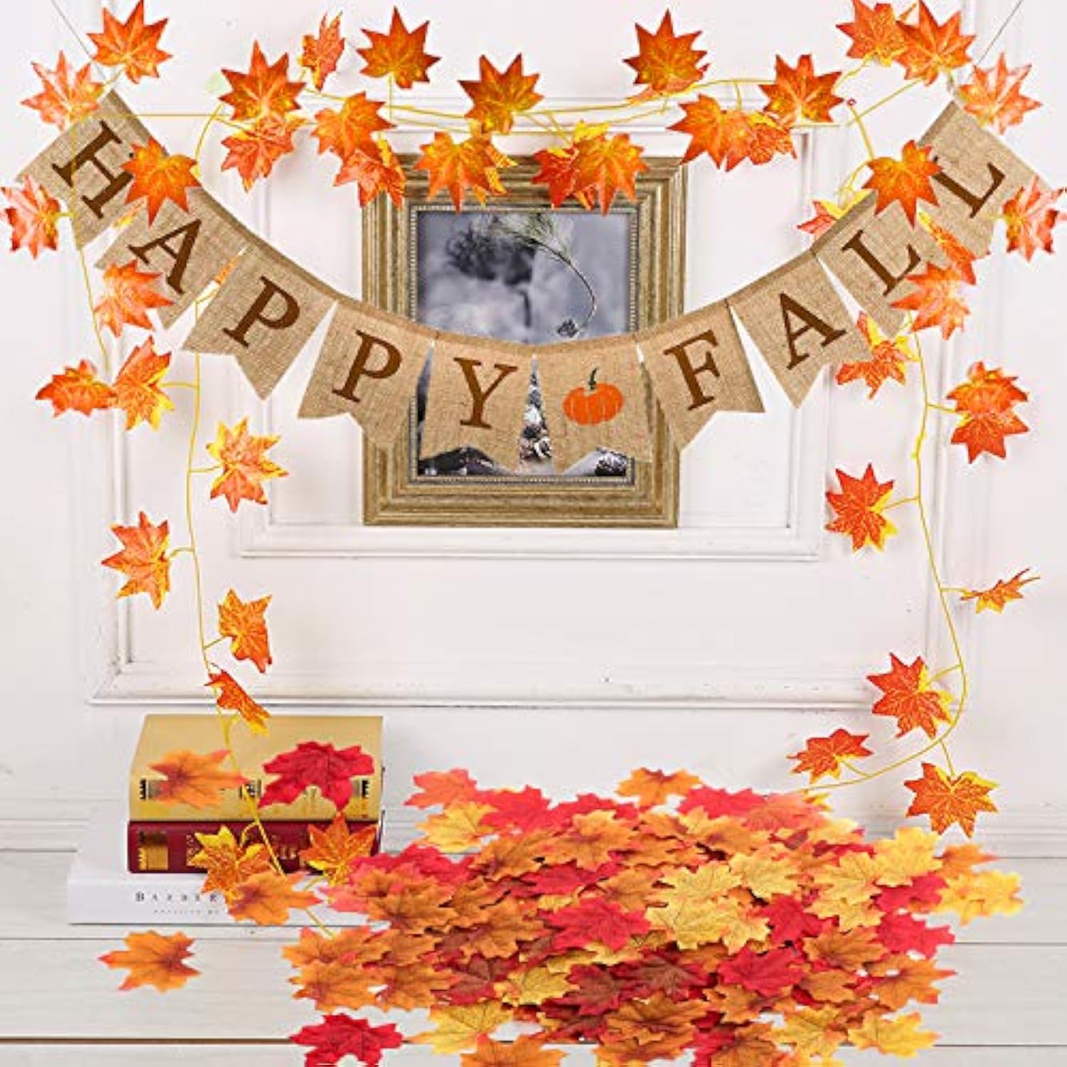 Happy Fall Pumpkin Burlap Banner with Maple Leaf Garland for Autumn & Thanksgiving Decor