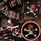 Pirate Party Supplies, Red Pirate Themed Party Decorations Skull Corssbone Pirate Birthday Party Favors For Kids Boys Tableware Set, 9 Inch Paper Plates Napkins Cups Cutlery, Serves 24, 144Pcs