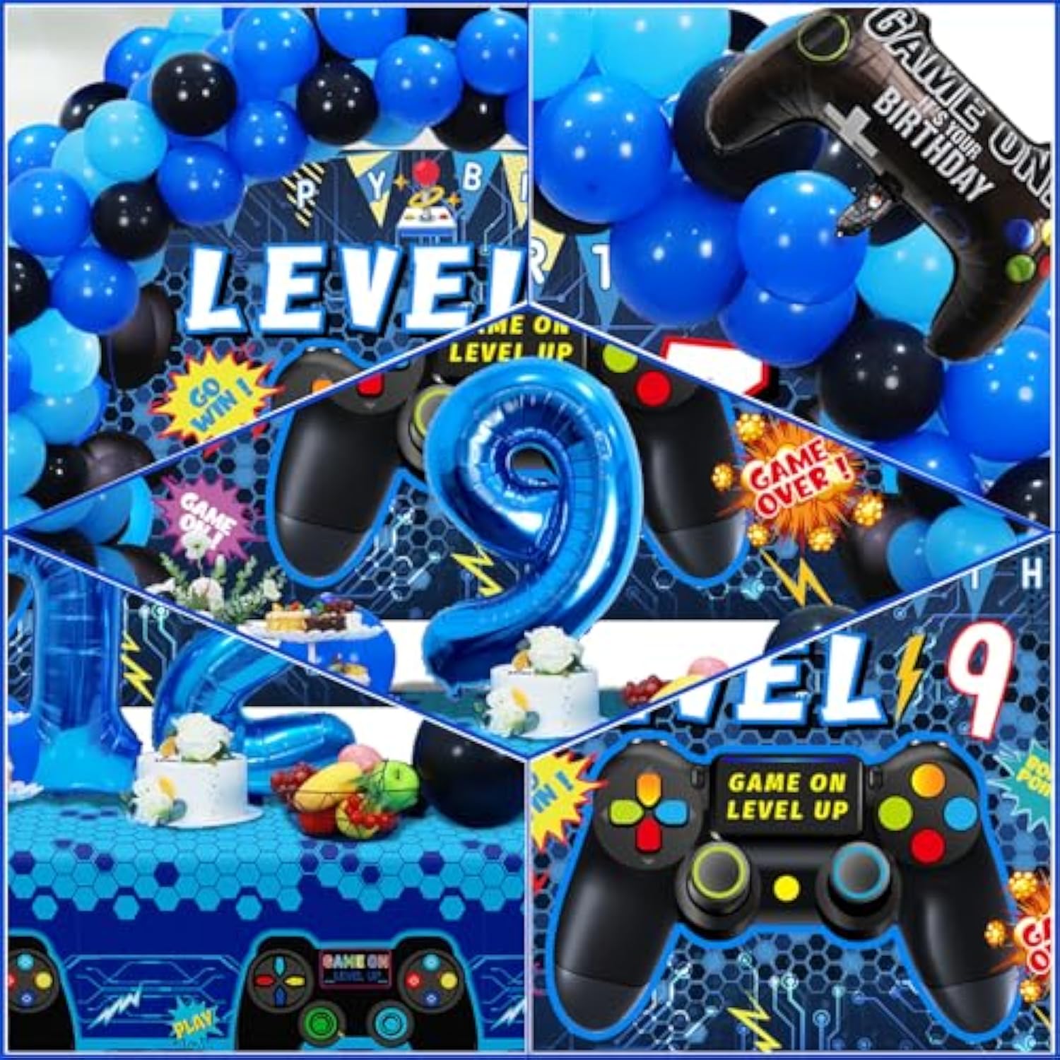 90Pcs Video Game Party Decorations For Boys Set Blue - 9Th Birthday Supplies - Video Game Backdrop, Balloons, Tablecloth, Gamer And 9 Foil Balloons