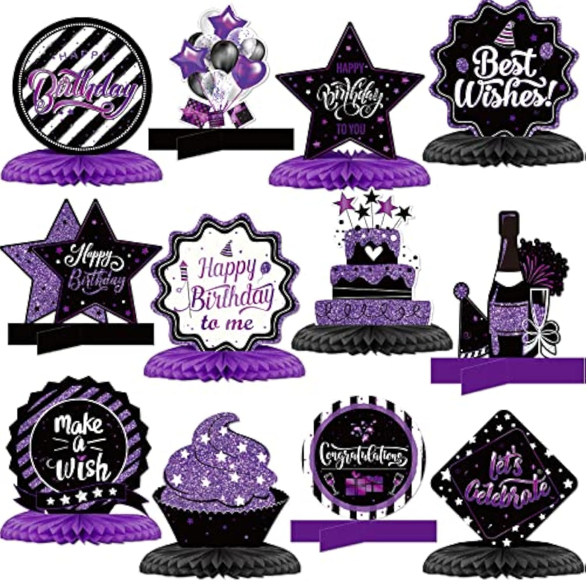 12PCS Birthday Honeycomb Centerpieces for Table Decor, Purple & Black Theme Party Props