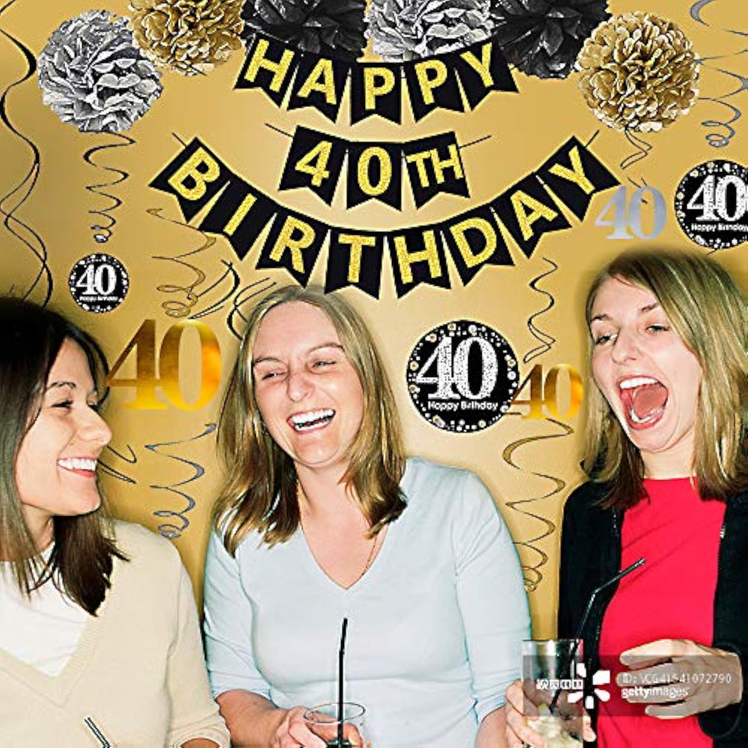 Black & Gold 40th Birthday Decoration Set – Glitter Banner, Poms and Hanging Swirls Party Kit