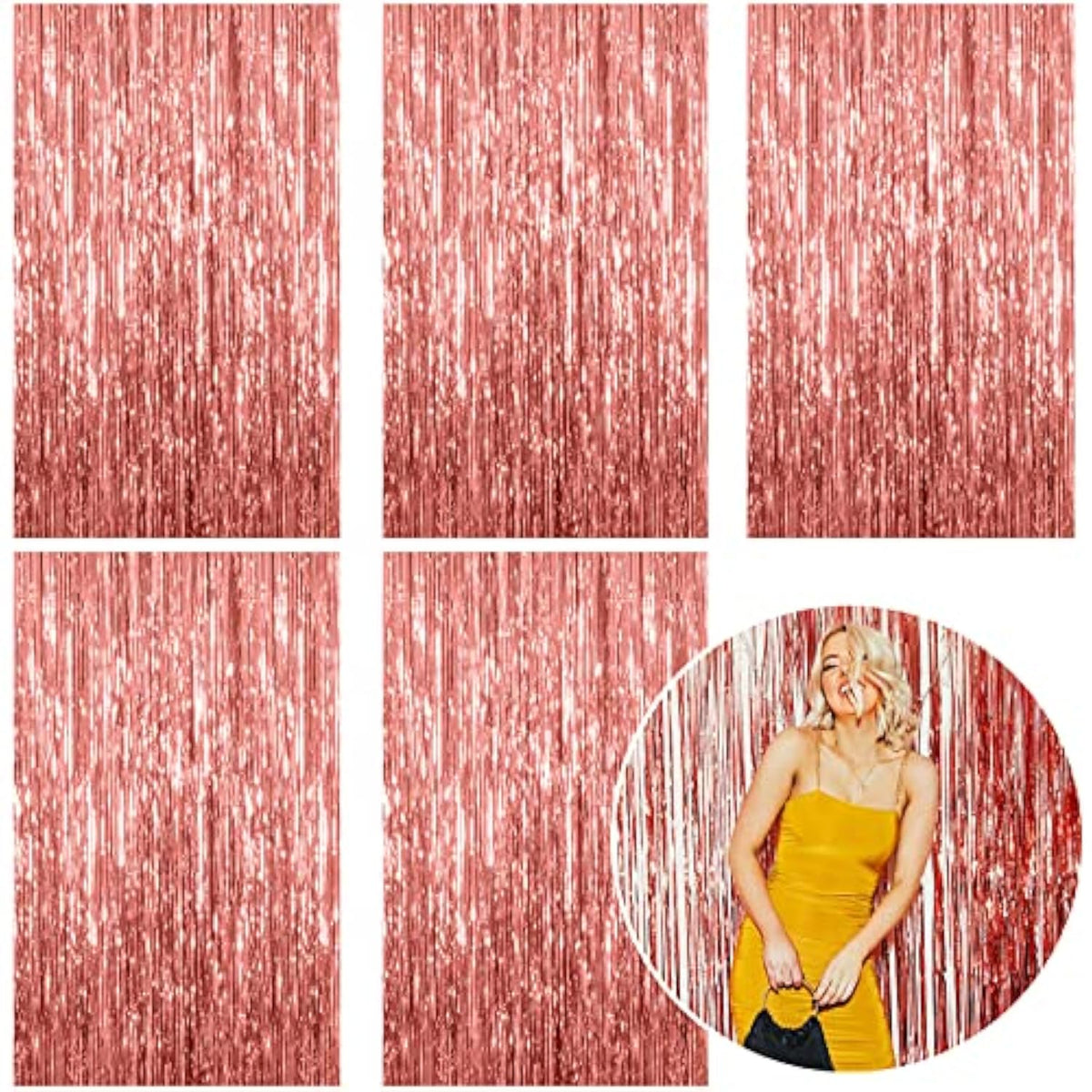 5 Pack Foil Curtain Backdrop Rose Gold Metallic Tinsel Foil Fringe Curtains Photo Booth Props For Birthday Wedding Engagement Baby Shower Bachelorette Christmas Holiday Celebration Party Decorations