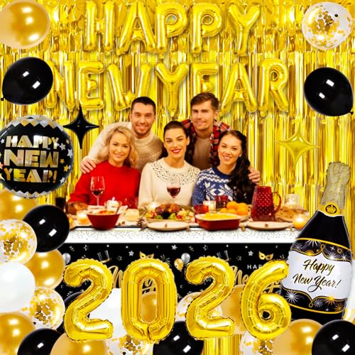 2026 New Years Eve Party Supplies Set, New Year Decorations 2026, Gold Black Party Balloons Supplies Happy New Years Decoration with 2026 Balloons, Happy New Year Banner, Foil Balloons, Fringe Curtain