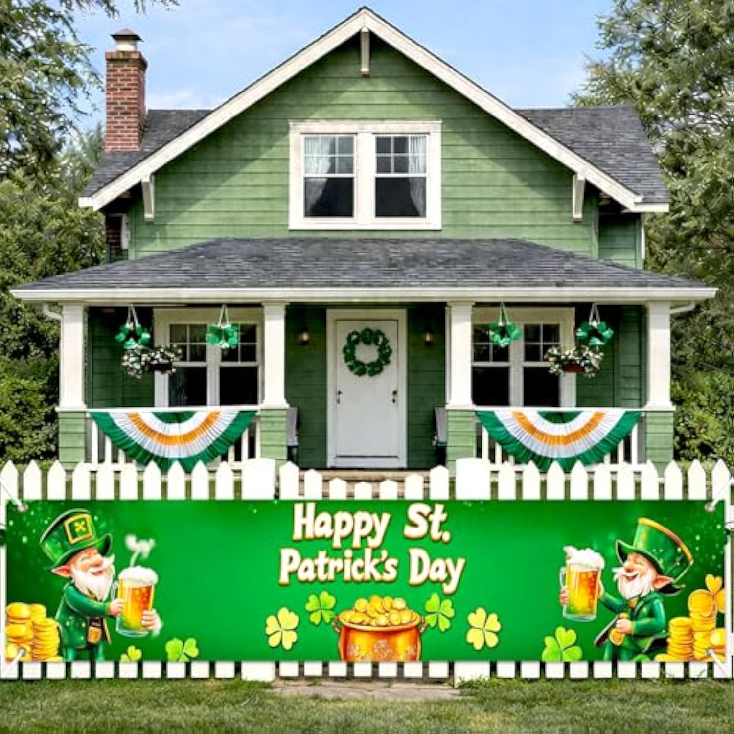 St. Patrick’S Day Celebration Banner Green Leprechaun Gold Coin Shamrock Design 79 X 17Inch Irish Holiday Party Supplies Photography Background For Indoor Outdoor Festive Decoration