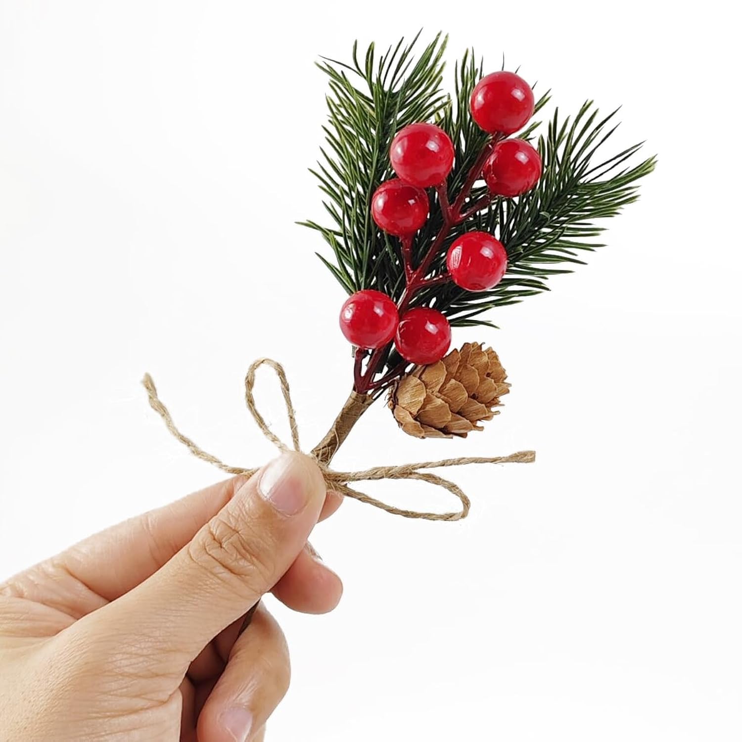 20Pcs 8Inch Pine Cone Red Berry Picks Stems Crafts Branch Christmas Wreath, Holly Artificial Evergreen Branches Tiny Pine Cones Picks Décor Floral Picks For Christmas Flower Wreaths Diy
