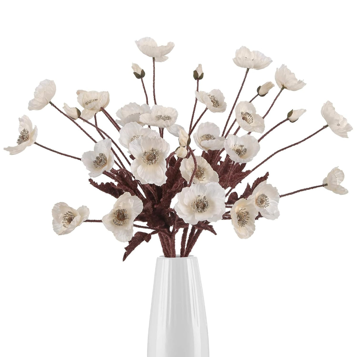 White Poppy Flowers Artificial 8Pcs Silk Poppies Flowers With Stems Silk Flower Arrangements For Wedding Table Centerpieces For Home Bridal Shower Party Decor (White)