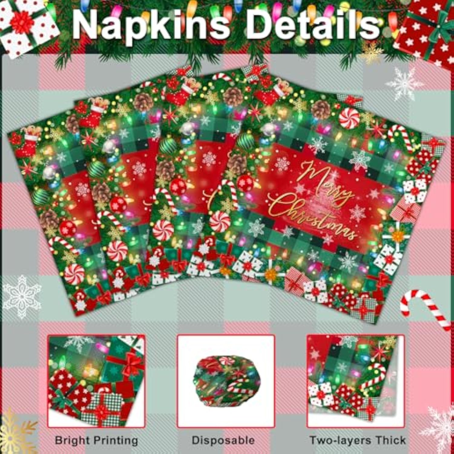 100 Pcs Christmas Paper Napkins 6.5 X 6.5" Disposable Holiday Napkins Set Merry Christmas Party Decorations