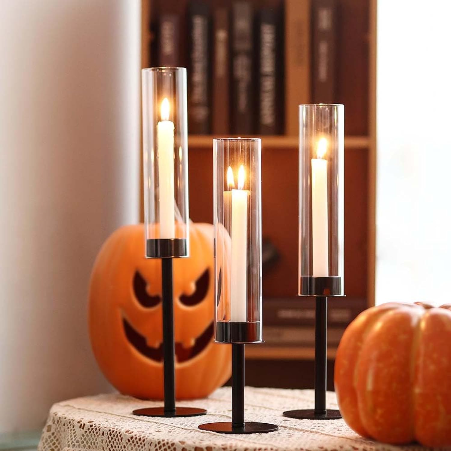 Black Candle Holders 12Pc Hurricane Candlestick Holders,Taper Candle Holders With Glass Candle Cover For Wedding Table Centerpiece Decoration Christmas Party