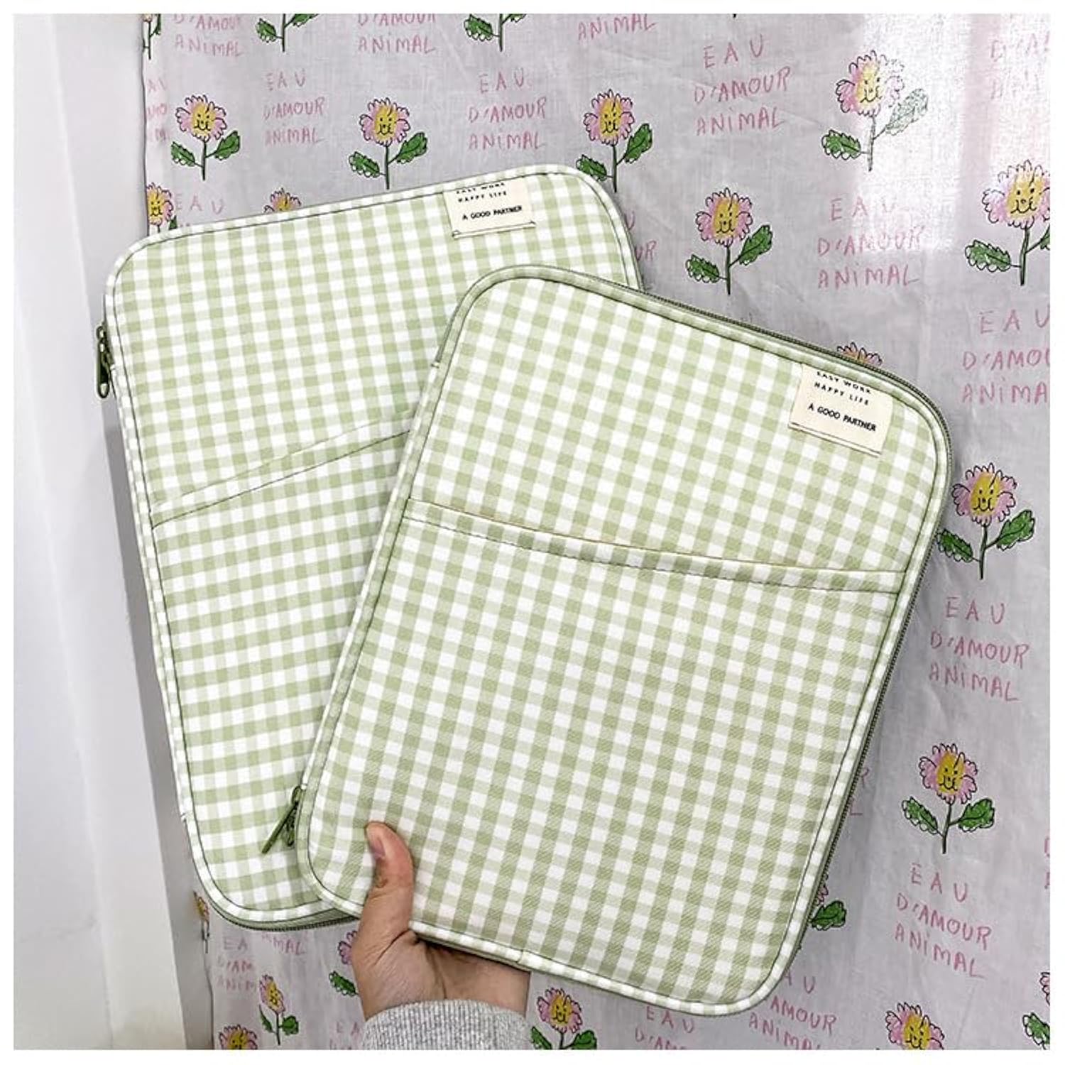 Gingham Puffy Laptop Sleeve 11-13 Inch Y2K Coquette Carrying Laptop Bag Fairycore Cover Pouch Sleeve Computer Liner Bag (11 Inch,Green)