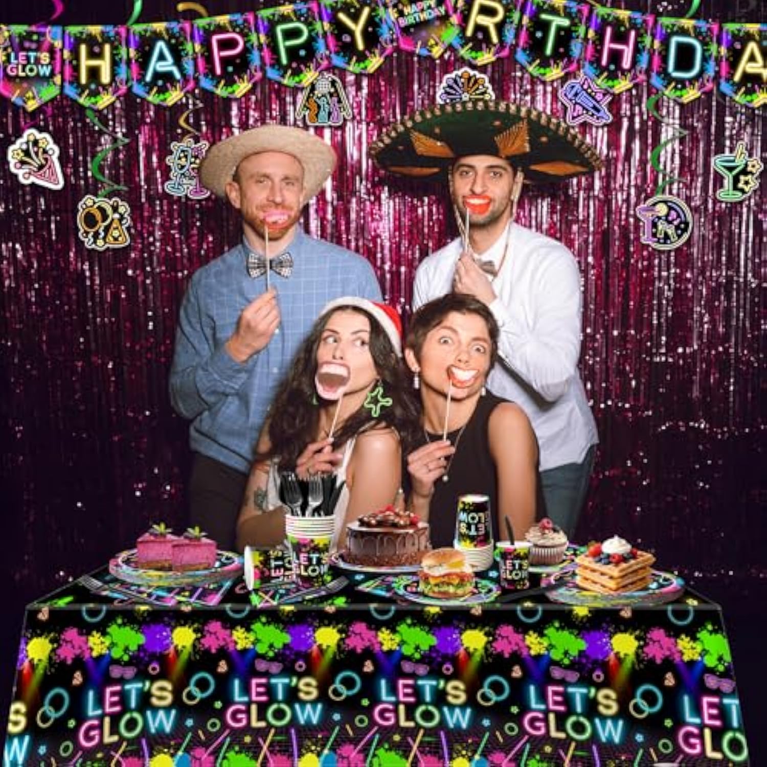 154Pcs Neon Party Supplies Set - Serves 24, Glow In The Dark Party Supplies, Includes Plates, Napkins, Banner, Hanging Swirls, Cups, Cutlery, Tablecloth For Glow Birthday Decorations