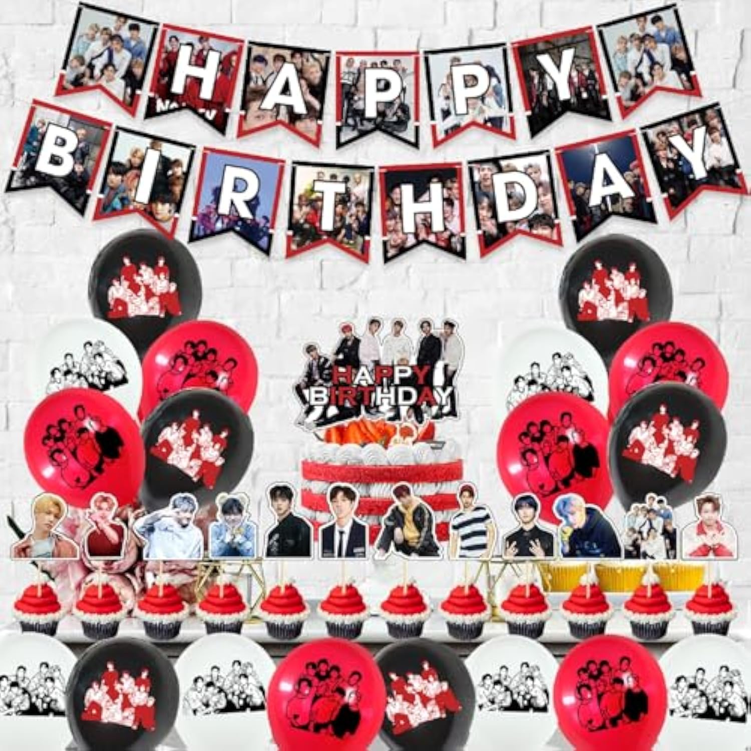 Meiyiyi Birthday Party Supplies,Birthday Decorations Set - Banner,Cake Toppers,21Pcs Cupcake Toppers Perfect For Boys And Girls(Red)