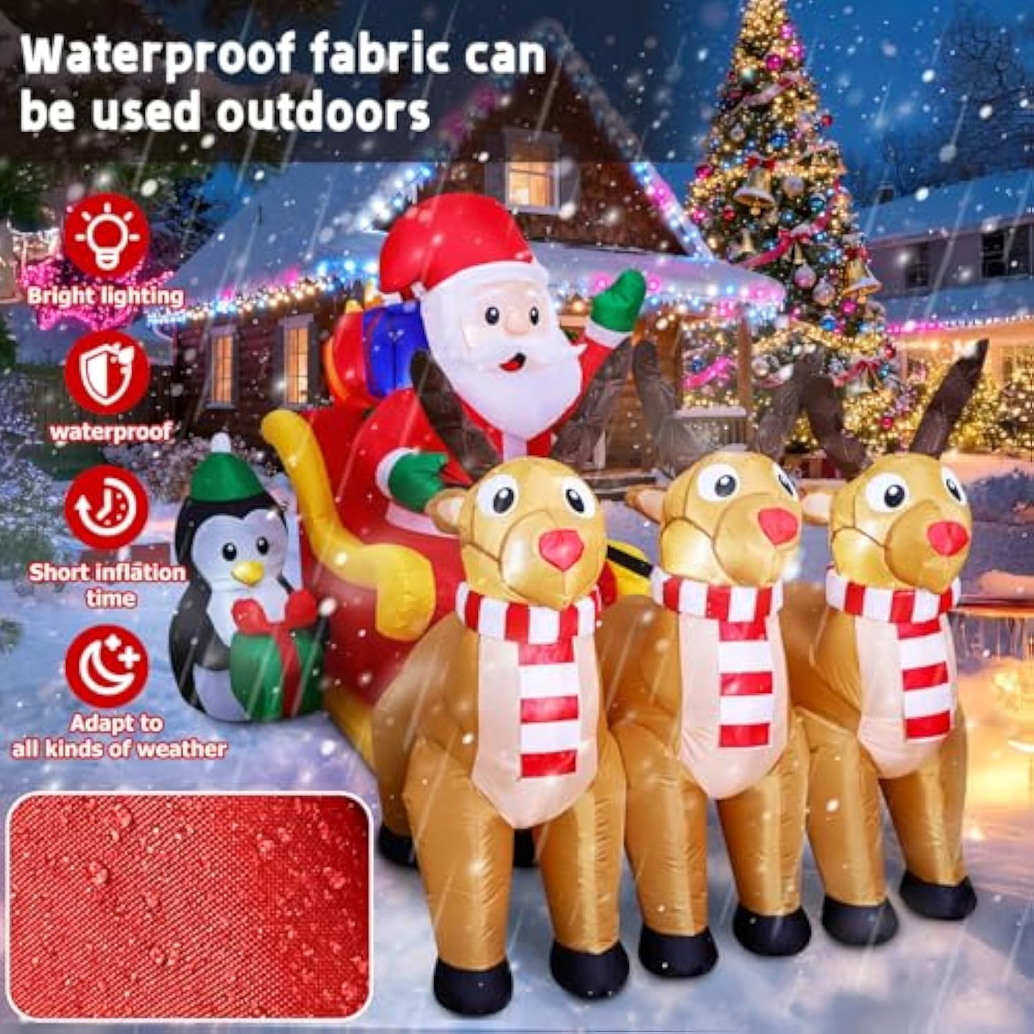 7.6Ft Christmas Inflatable Santa Claus With Sleigh And 3 Reindeer, Penguin With Gift, Lighted Blow Up Yard Decorations O