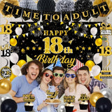 18Th Birthday Decorations For Boys Girls, Black Gold Happy 18Th Birthday Party Decorations, Time To Adult Birthday Banner, Backdrop, Balloons, Hanging Swirls, Birthday Cards, Cake Topper, Pompom 52Pcs