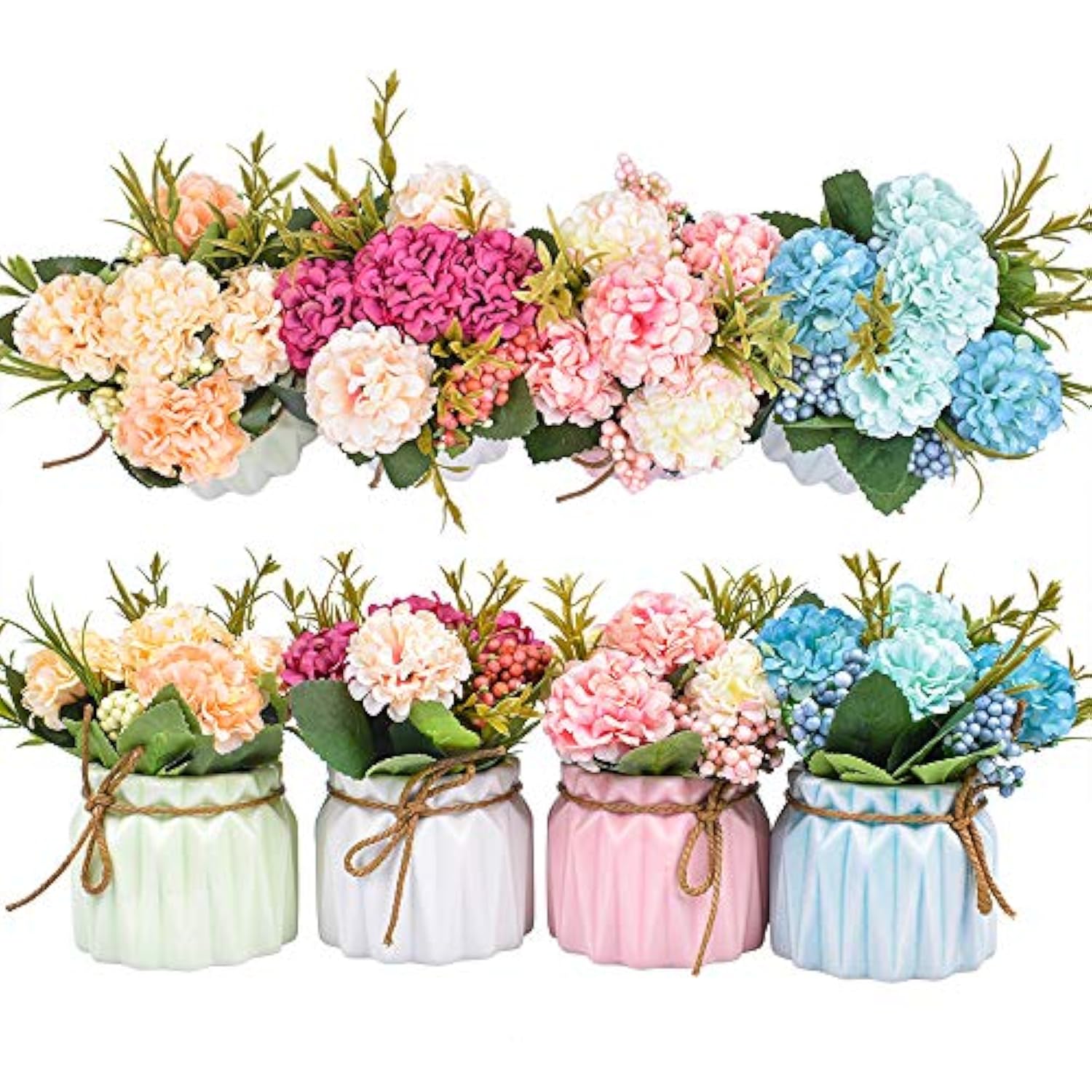 Artificial Flower Plants – Mini Fake Hydrangea Flowers In Pot For Home Decor Party Wedding Office Patio Table Desk Decoration, Set Of 4, Size: 3.3''(Diameter) X 5.5''(Tall)