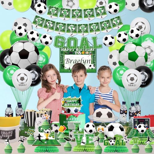Soccer Birthday Party Supplies - Including HAPPY BIRTHDAY Banner, Soccer Element Bunting, Centerpieces, DIY Name Hanging Sign, Cake Toppers, Balloons, for Soccer Party Decorations