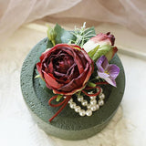 2 Pieces Artificial Rose Corsage And Boutonniere Set, Simulation Flowers Decorations For Groom Groomsmen Bride Bridesmaids Wedding Prom Party Suit-Burgundy (W4-X1-Dyb)