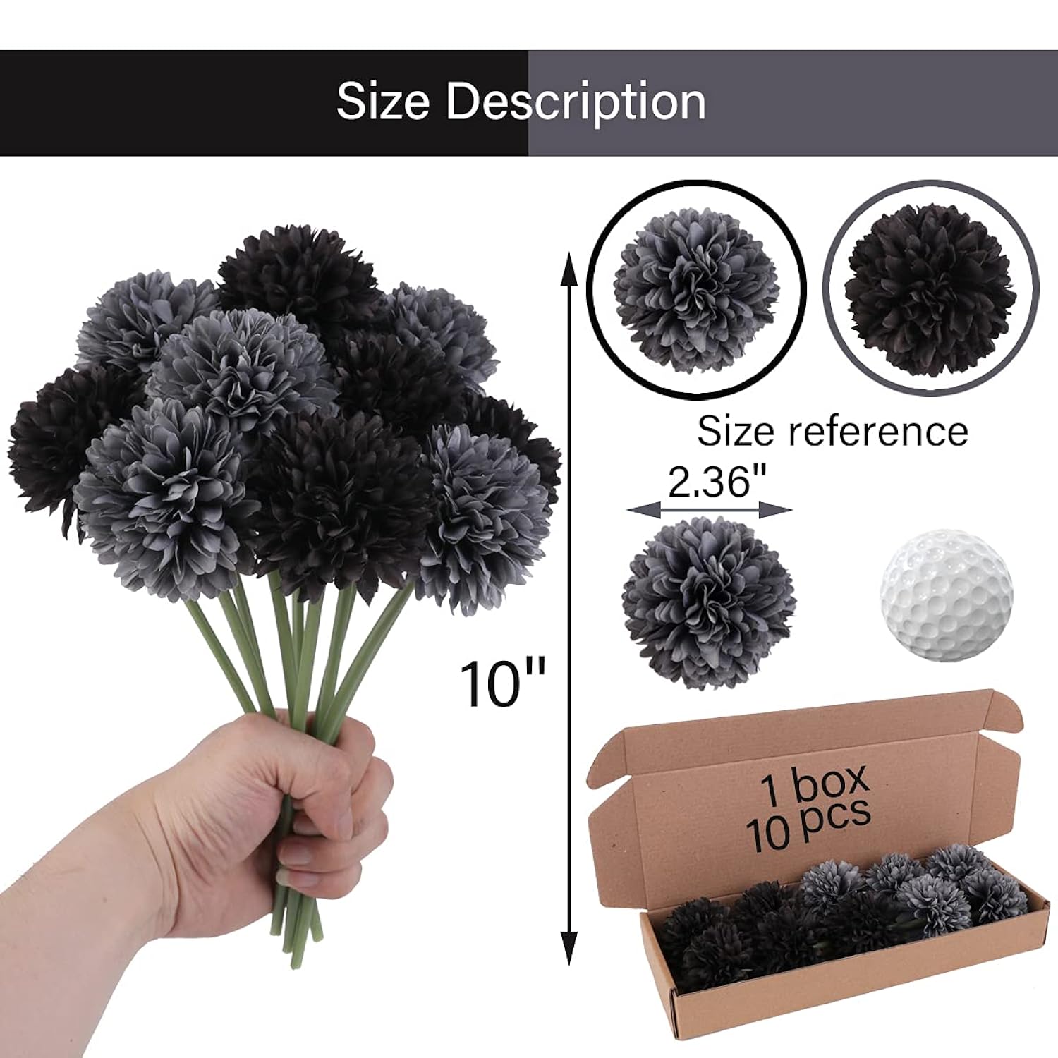 Artificial Flowers 10 Pcs Fake Silk Artificial Chrysanthemum Ball Hydrangea Bridal Wedding Bouquet For Kitchen Home Decor (Black,Grey)