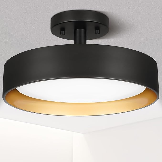 12 Inch Black Gold LED Ceiling Light 25W Dimmable Semi Flush Fixture