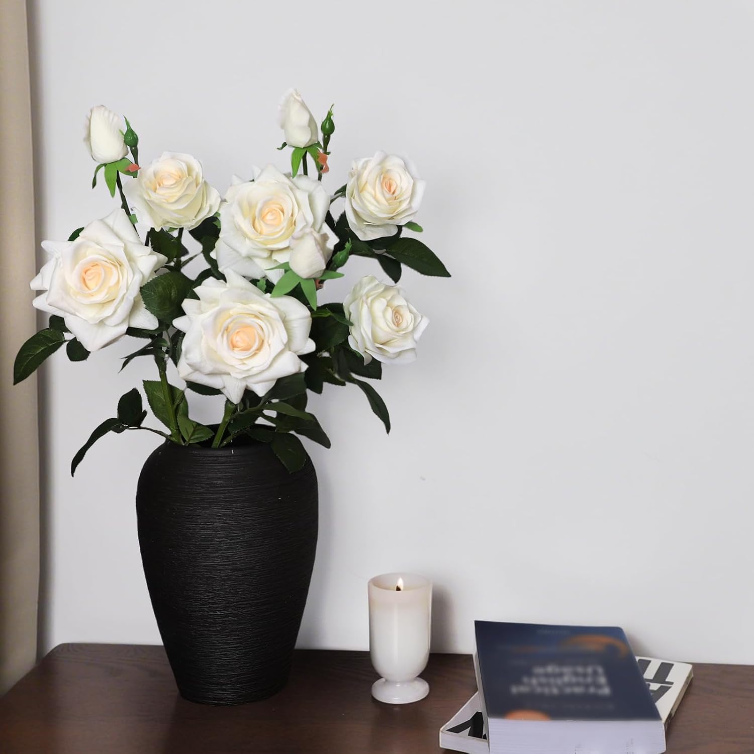 30” Real Touch Roses Cream White Flowers, 3Pcs Artificial Roses With Long Stems, 3 Blooms Per Stem Artificial Flowers, Realistic White Silk Flowers For Wedding, Home & Office Décor