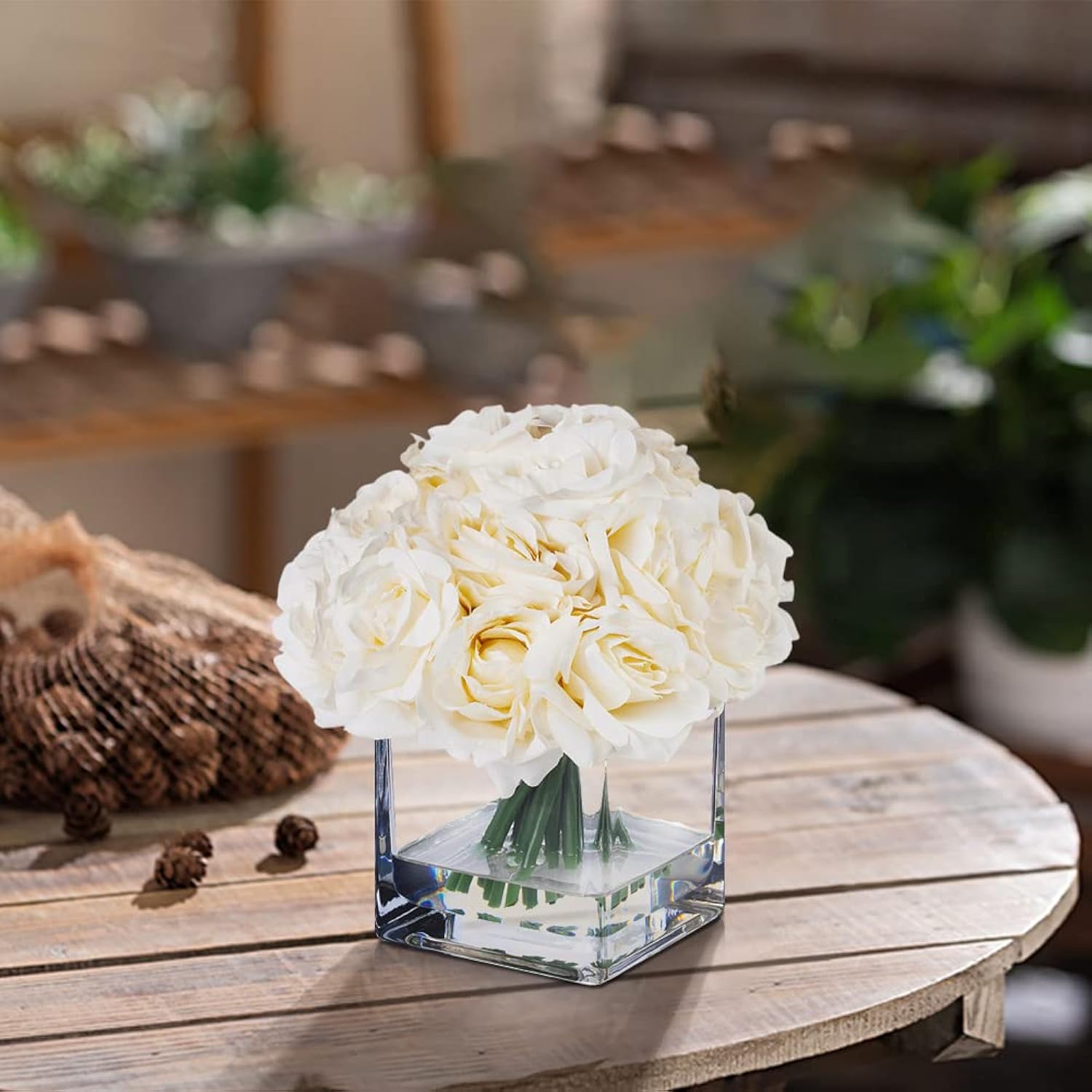 18 Pieces Rose Artificial Flowers In Vase, Artificial Flowers Arrangements In Vase With Faux Water For Dining Table Decoration, Home Decor Indoor(Cream)