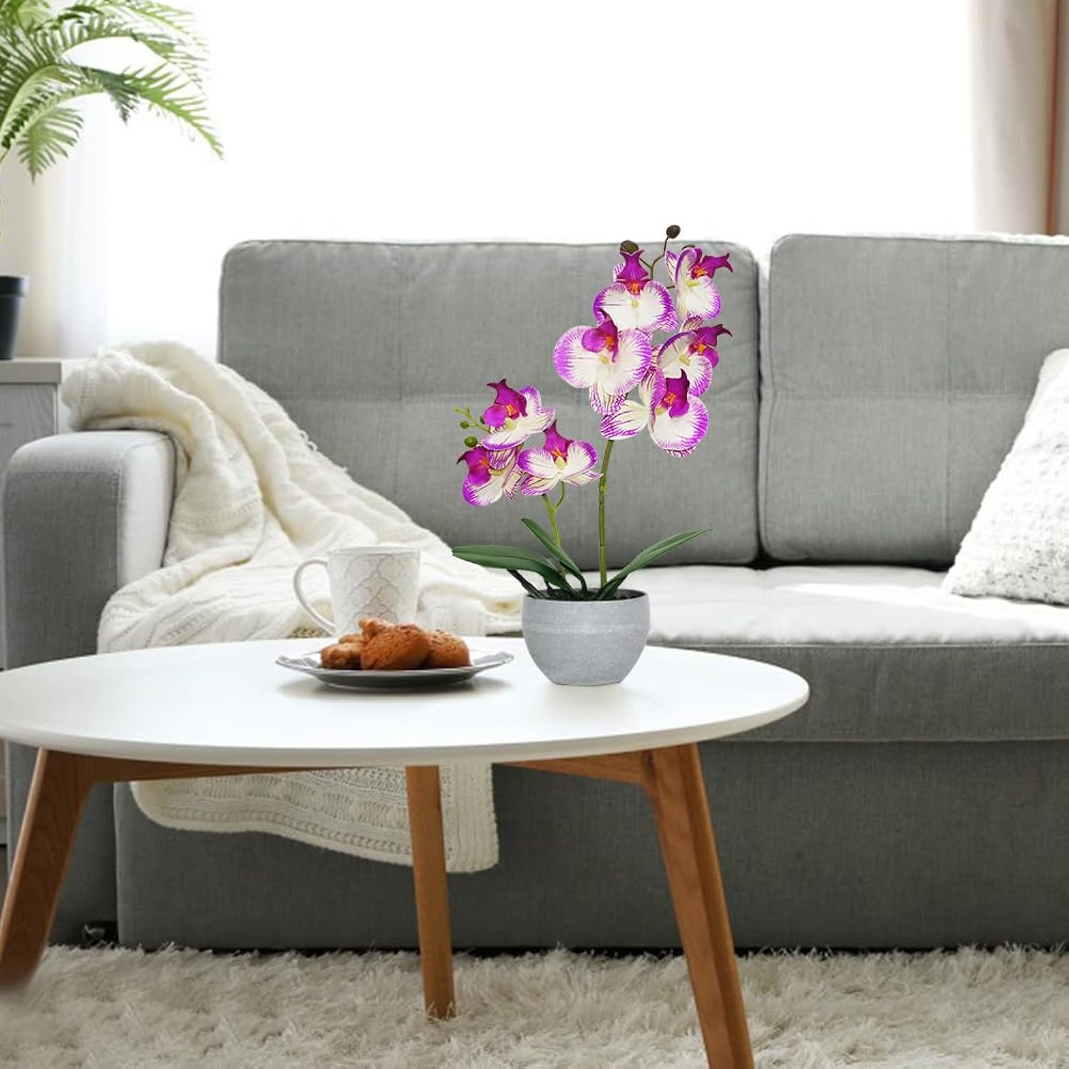 Purple Orchid Artificial Flowers 2 Stems In Grey Pot, Potted Faux Orchid Flower For Home Bathroom Table Living Room Office Kitchen Decor