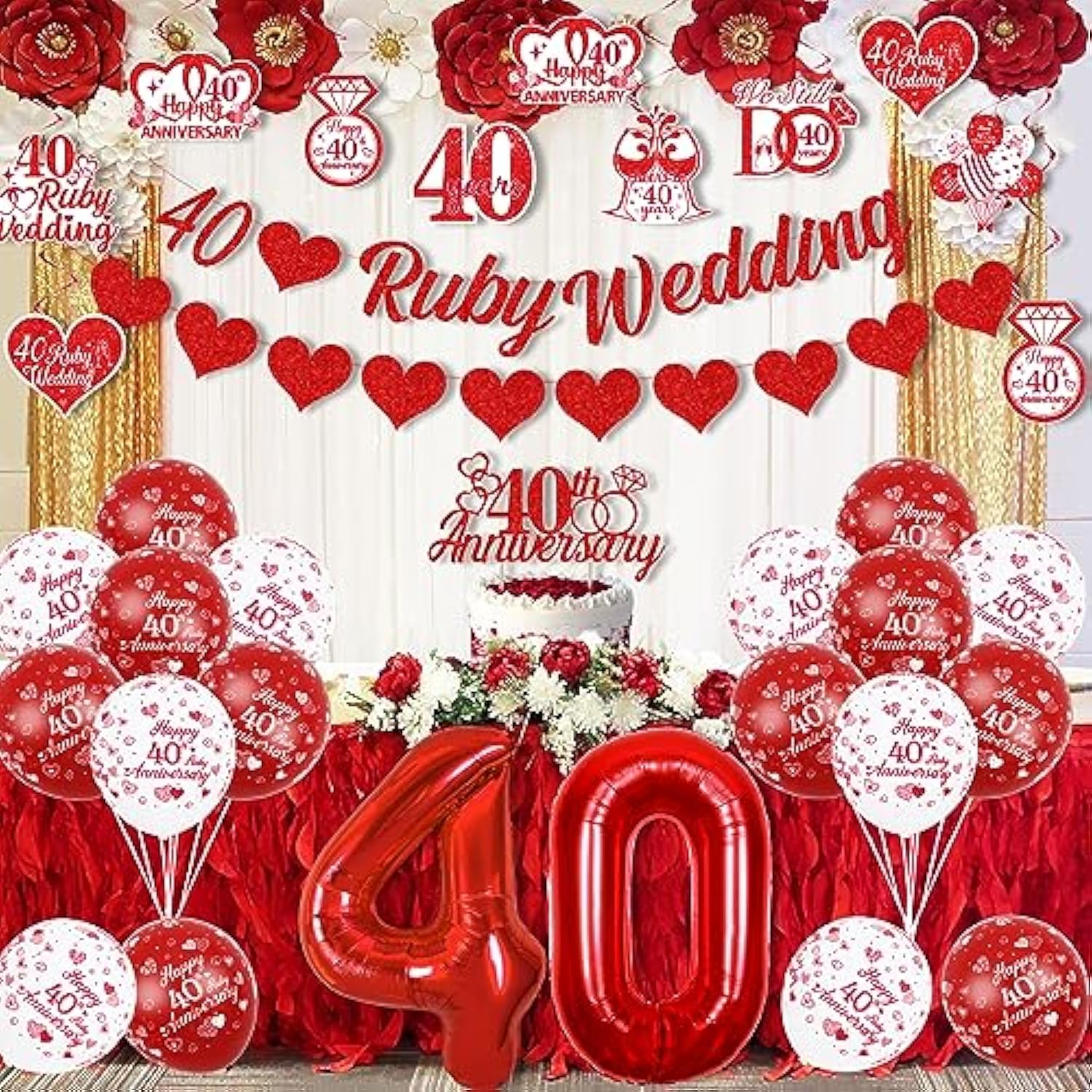 40Th Ruby Wedding Anniversary Decorations, We Still Do 40 Years Cheers To 40 Years Anniversary Celebration Party Supplies - Balloon Cake Topper Hanging Swirls Love Garland Banner