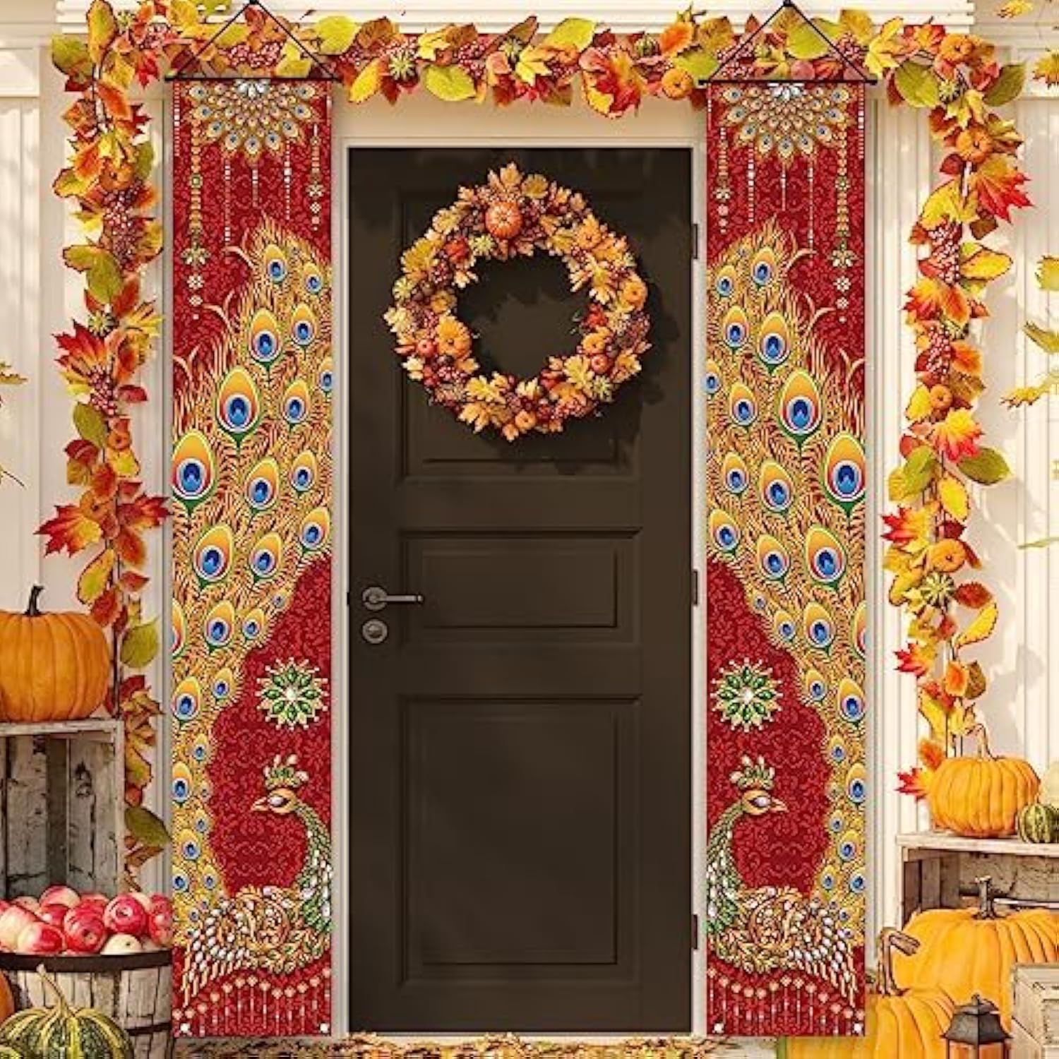 Happy Diwali Porch Banner Indian Diwali Peacock Front Porch Welcome Sign Deepavali Indian Festival Of Lights Decorations-12×71''