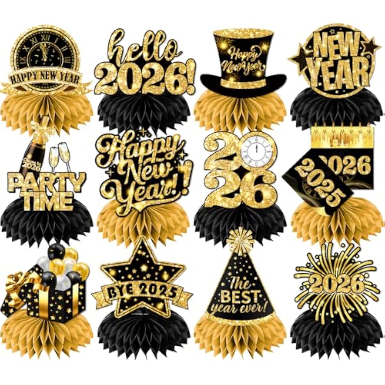 9-Pack Black and Gold Honeycomb New Year 2026 Table Centerpieces