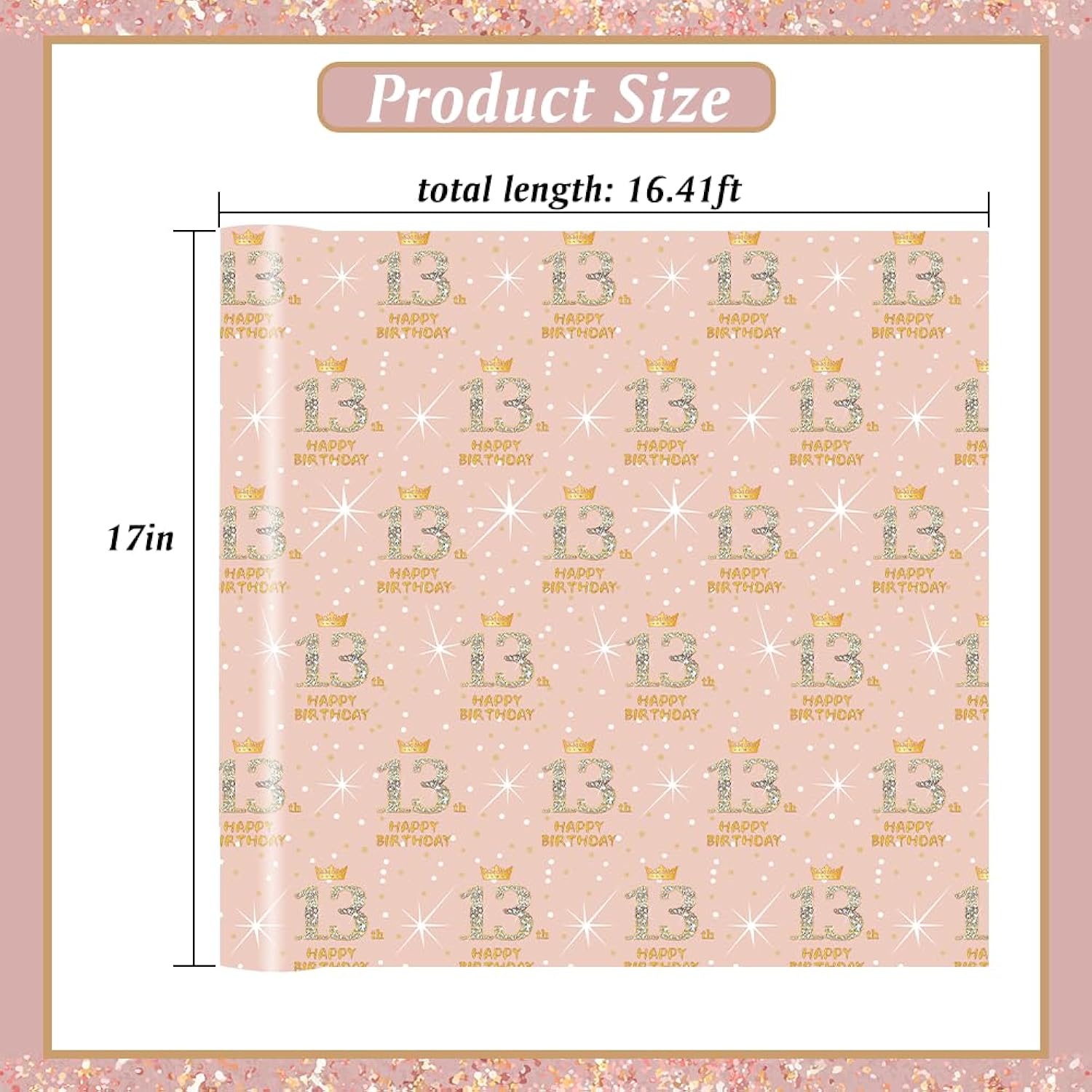 Happy 13Th Birthday Wrapping Paper For 13Th Birthday Girls, Rose Gold 13Th Birthday Decorations For Girls, Mini Roll 17 Inches X 16.4 Feet, 13Th Birthday Gifts Ideas For Daughter Granddaughter Friends